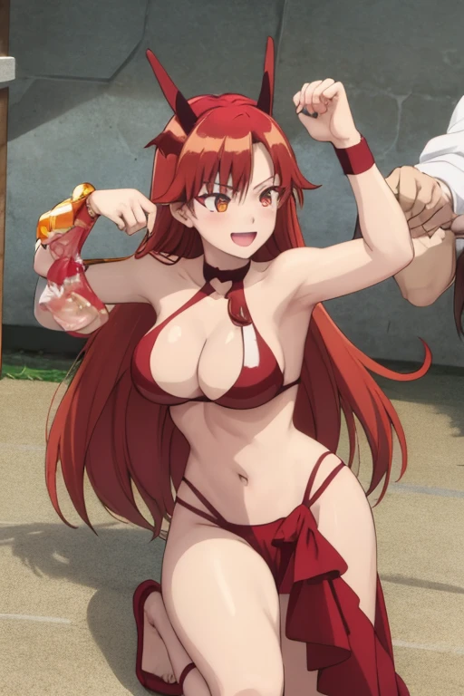 masterpiece, best quality, beautiful art, high resolution, well formed hands, body and fingers, 1 woman, solo, Tania, dragon horns , adult, grown up, big breasted, cleavage, full body, long hair, gorgeous legs and thighs, smile, wearing a Tyris Flare outfit, sexy and skimpy bikini, she is fighting in a combat match at a martial arts tournament, she is getting ready to fight, making her guard pose, action and fighting scene, about to hit the viewer, looking at the viewer, sweating , feeling confident and proud, smiling joyfully and happily, charming her opponent with her beauty, fighting scene, martial arts tournament on the beach