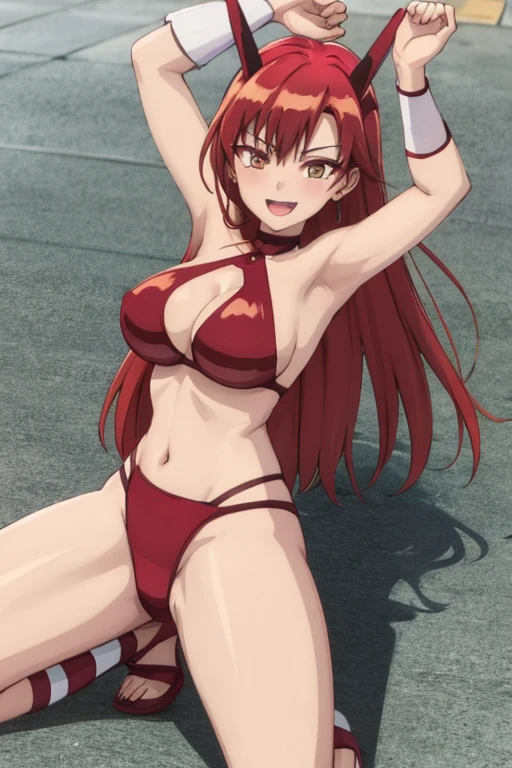 masterpiece, best quality, beautiful art, high resolution, well formed hands, body and fingers, 1 woman, solo, Tania, dragon horns , adult, grown up, big breasted, cleavage, full body, long hair, gorgeous legs and thighs, smile, wearing a Tyris Flare outfit, sexy and skimpy bikini, she is fighting in a combat match at a martial arts tournament, she is getting ready to fight, making her guard pose, action and fighting scene, about to hit the viewer, looking at the viewer, sweating , feeling confident and proud, smiling joyfully and happily, charming her opponent with her beauty, fighting scene, martial arts tournament on the beach