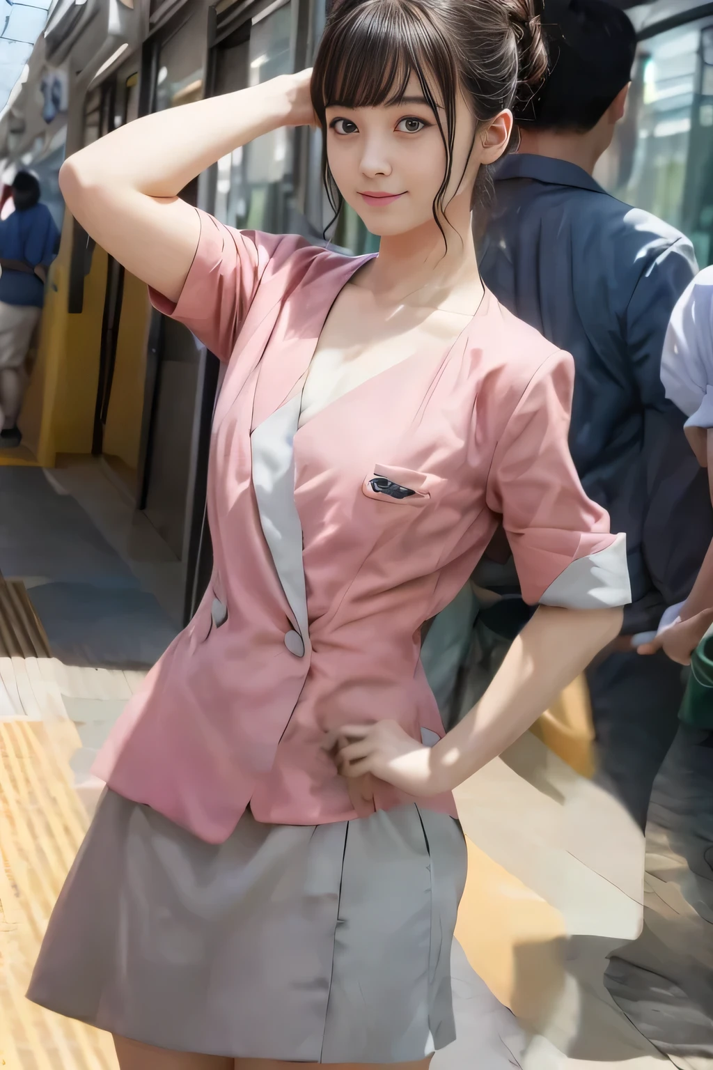 (masterpiece:1.2, highest quality:1.2), 32K HDR, High resolution, (alone、1 girl)、（On the rooftop of a building in the daytime、Professional Lighting）、Building rooftop background、（Nankai train crew uniform pinkを着たリアルスタイル）、（Nankai train crew uniform pink short sleeve pink jacket、Nankai Train Crew Uniform Pink Collarless Short Sleeve Blouse、Nankai Train crew uniform pinkのグレー色のキュロットスカート）、Dark brown hair、（Hair tied up、Hair Bun、Hair Bun）、Dark brown hair、Long Shot、Big Breasts、Thin legs、（（Great hands：2.0）），（（Harmonious body proportions：1.5）），（（Normal limbs：2.0）），（（Normal finger：2.0）），（（Delicate eyes：2.0）），（（Normal eyes：2.0））)、smile、（Nankai Train crew uniform pinkのグレー色のキュロットスカートを見せた美しい立ち姿）、Put your hands down、I have nothing in my hands