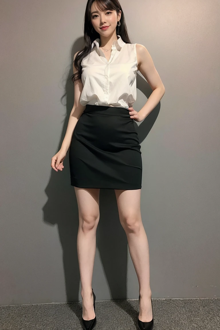 Medium display, Medium Shot, Written boundary depth, Photograph the whole body:1.5, Are standing、Movie angle, masterpiece, highest quality, Very detailed, CG, 8k wallpaper, Beautiful Face, Delicate eyes, Otome, alone, smile, Sleeveless business blouse、Business Skirt、High heels