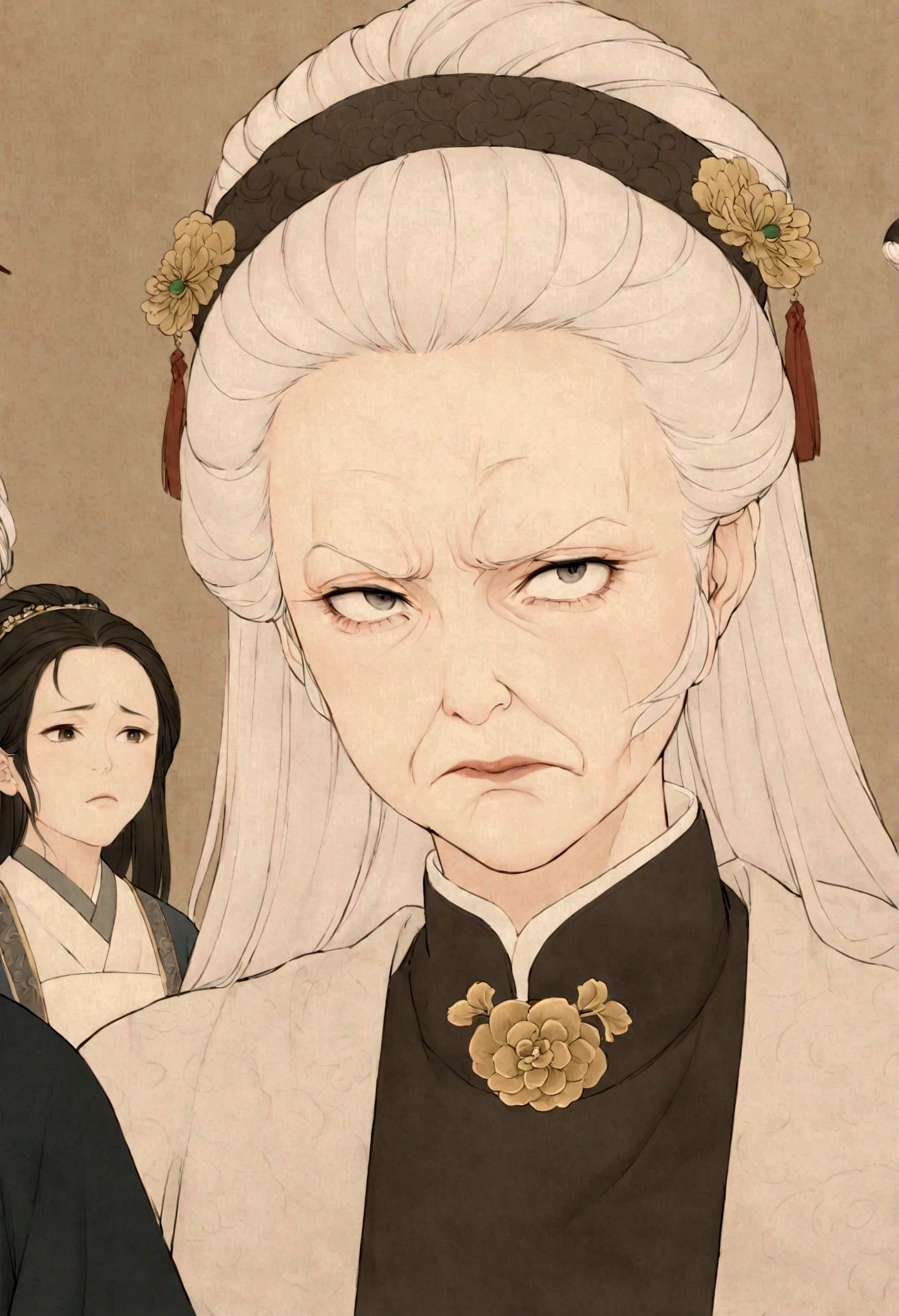 (old lady:1.4), Long hair,White hair, Serious face, housewife, Auntie's expression,Chinese.Dress in an antique style