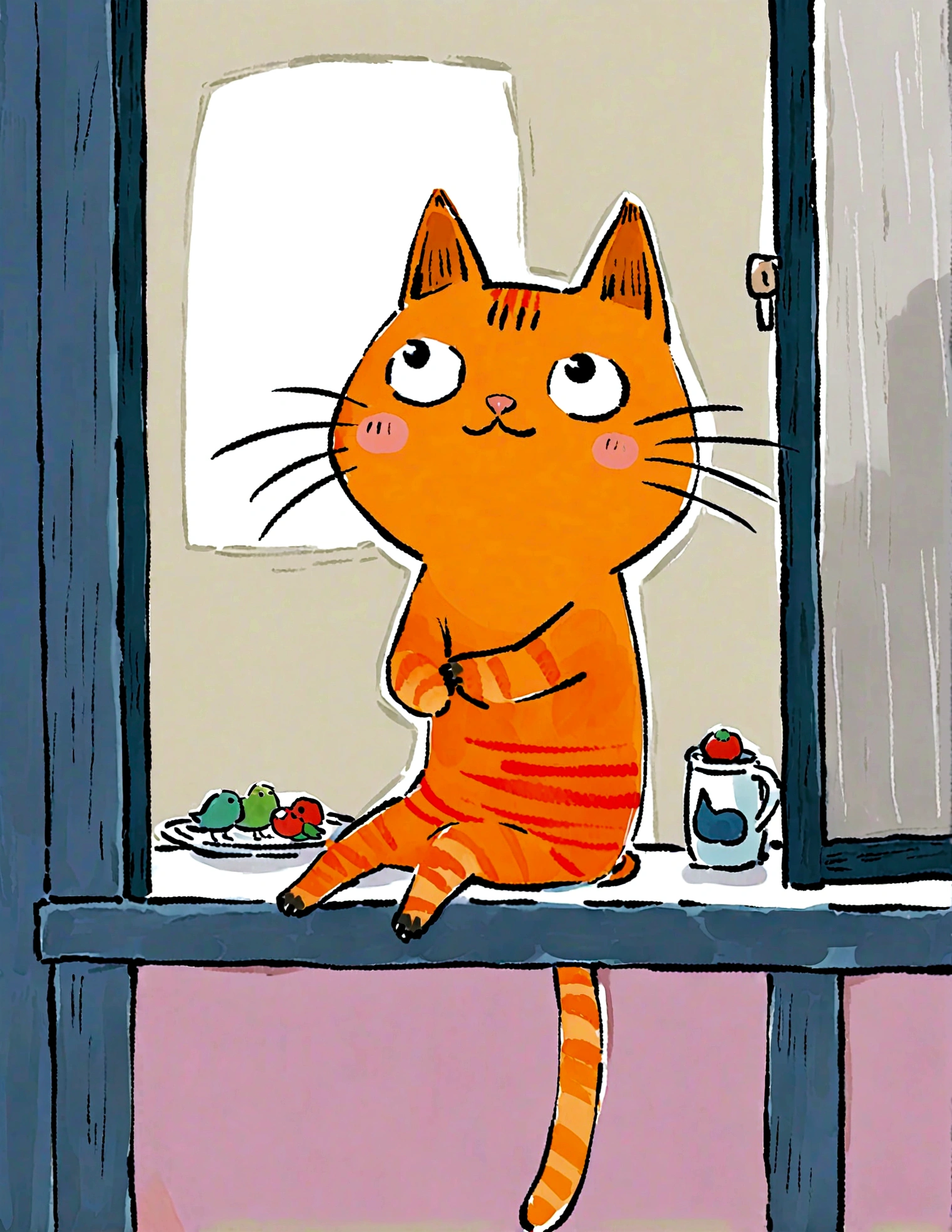 cat sitting on a windowsill, watching the birds outside.
