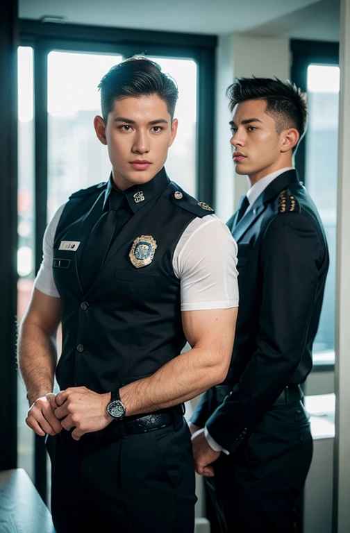 ung handsome guy,20-22 years old,police officers,Interpol,Police Department,Handsome,musculous,hairy bodies,police uniforms(Fine eye 1:3),Black eyes,full bodyesbian , epic reality , epic photorealistic , ultra realism , photorealistic , only male , only boy , full length shot (fls) , sexy micro thong