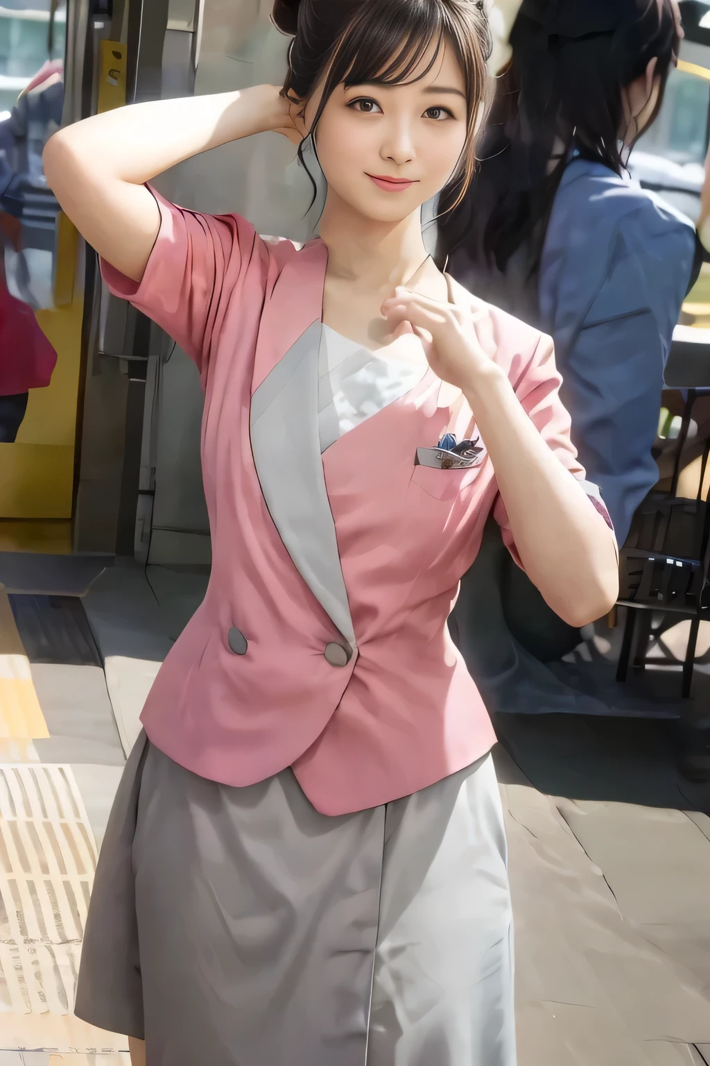 (masterpiece:1.2, highest quality:1.2), 32K HDR, High resolution, (alone、1 girl)、（On the rooftop of a building in the daytime、Professional Lighting）、Building rooftop background、（Nankai train crew uniform pinkを着たリアルスタイル）、（Nankai train crew uniform pink short sleeve pink jacket、Nankai Train Crew Uniform Pink Collarless Short Sleeve Blouse、Nankai Train crew uniform pinkのグレー色のキュロットスカート）、Dark brown hair、（Hair tied up、Hair Bun、Hair Bun）、Dark brown hair、Long Shot、Big Breasts、Thin legs、（（Great hands：2.0）），（（Harmonious body proportions：1.5）），（（Normal limbs：2.0）），（（Normal finger：2.0）），（（Delicate eyes：2.0）），（（Normal eyes：2.0））)、smile、（Nankai Train crew uniform pinkのグレー色のキュロットスカートを見せた美しい立ち姿）、Put your hands down、I have nothing in my hands