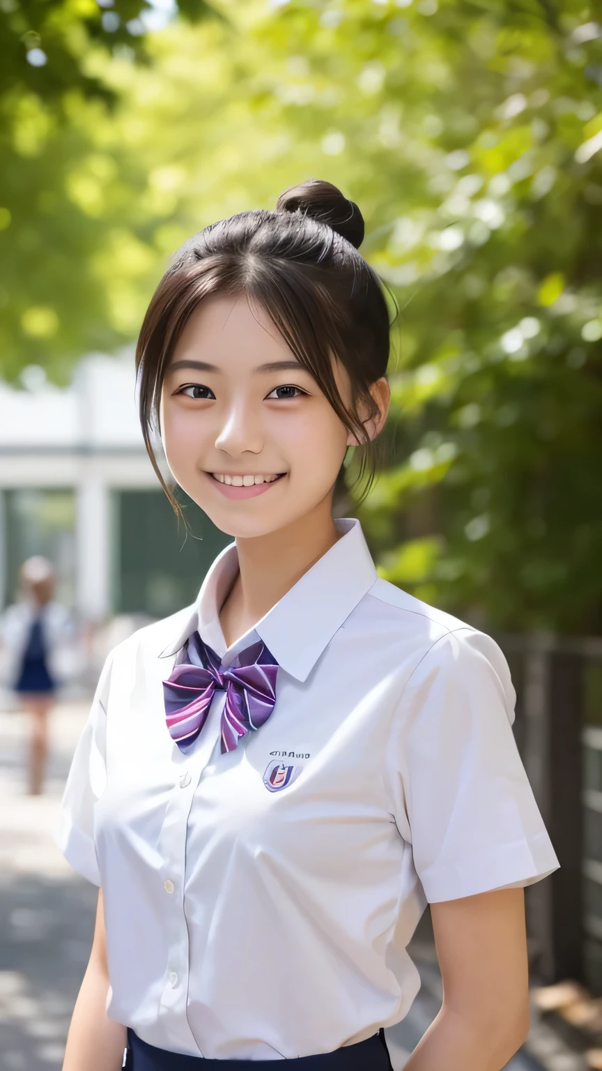 cute,  アイドルのようにcute16歳の高校生、High School Uniform、Nipples are clearly visible、Young cute face、Very short、Smiling Kindly、High school suburban classes、High はCleavageが見えるデザイン、Small breasts、Cleavage、Forest Park、Dim lighting、whole body、RAW Photos、Genuine、Real、realism、Raw photo、High resolution、Life、No copyright notice