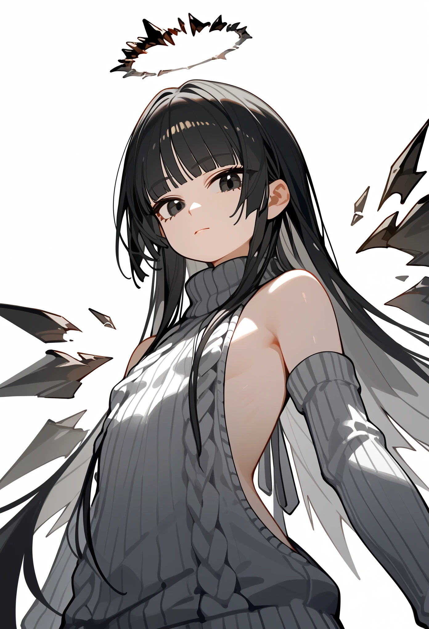 (score_9, score_8_up, score_7_up), 1girl, cute young girl, black hair, blunt bangs, long hair, broken halo, black eyes, mole below right eye, alternative clothes, virgin killer sweater, detached sleeves, gray sweater, energy wings, looking at viewer, upper body, zoom out, small breasts, calm, portrait, white background,