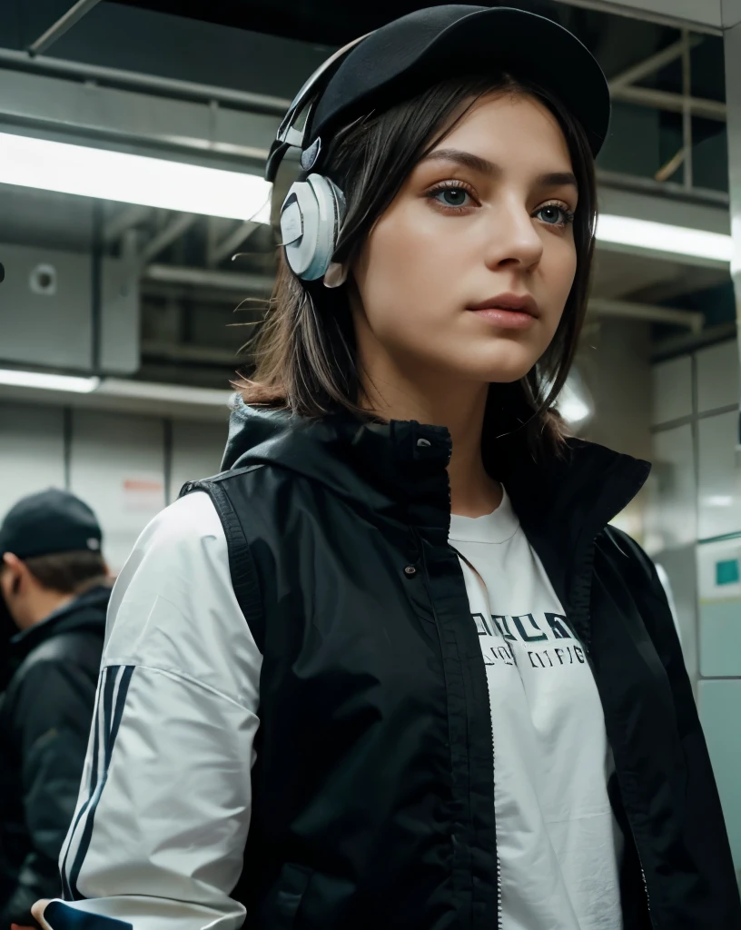 Stable Diffusion artwork features an enigmatic teenager with black hair and light eyes., destacando en el centro. elegantemente vestido, He wears a black cap and jacket and headphones that give him a touch of mystery.. Surrounded by robotic insects with precise details, skillfully controls its iridescent swarm. The studio lighting in the underground environment highlights its determination, while the soft rays of light create delicate shadows on the right an angel with a golden aura white skin short silvery white hair with blue eyes The attention to detail is exceptional., capture features and expressions with stunning realism in 4K and 8K. La pintura ultrafina y la paleta en blanco y negro evocan una elegancia atemporal., acentuando los ojos verdes del adolescente. The fusion of technology and humanity stands out in its ability to control insects., Reflecting the symbiotic relationship between man and machine with a photorealistic touch. (1.37). Visual narrative reveals an empowering journey on the underground subway., invitando al espectador a explorar emociones y aventuras cautivadoras.