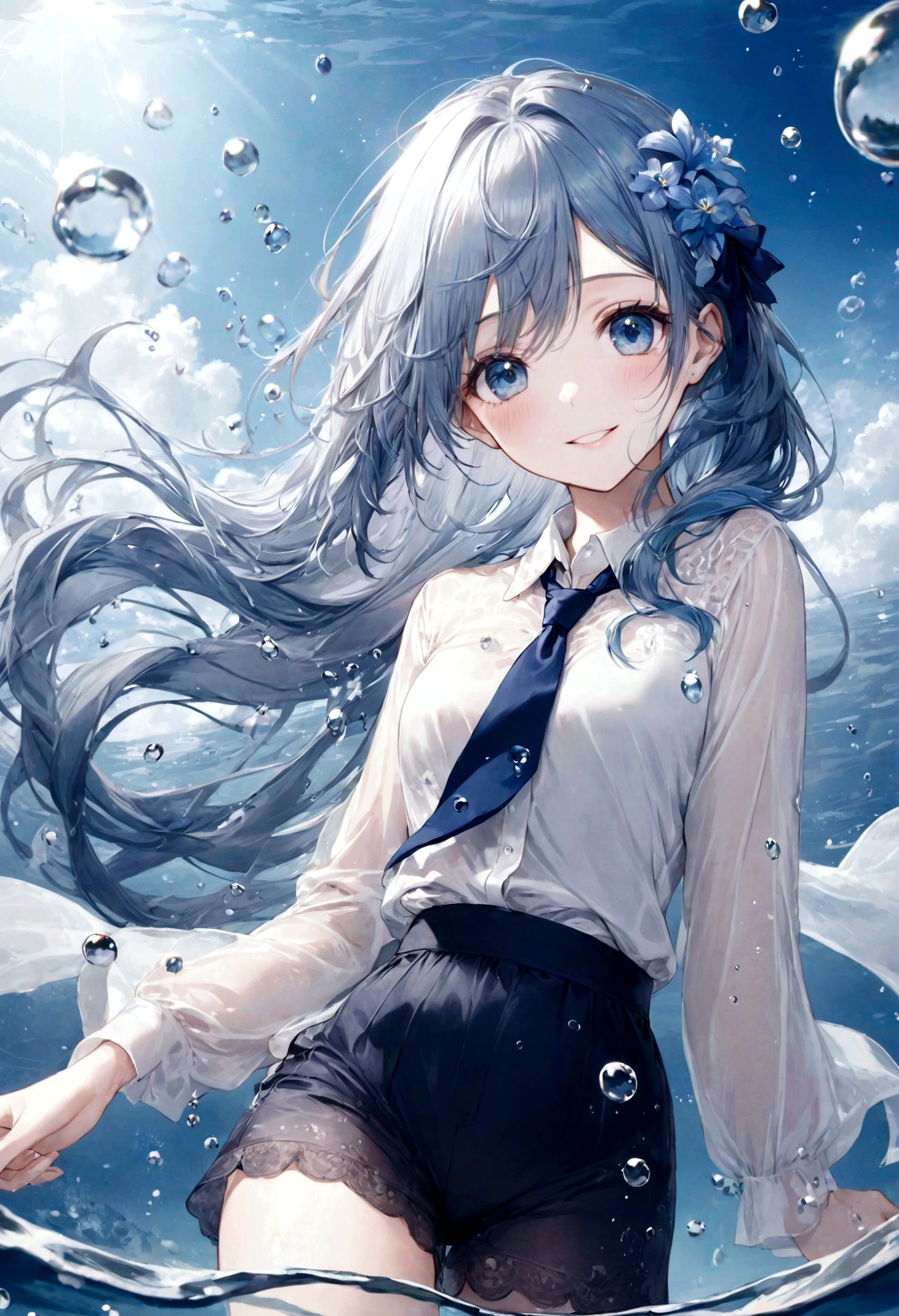 (highest quality)), ((masterpiece)), ((Ultra-detailed)), (Very delicate and beautiful), bright sky blue hair, watery hair, Bright sapphire eyes, Fair skin, Beautiful woman, Sheer white shirt, Sheer navy blue silk shorts, Navy Blue Ribbon Tie, Pearl decoration, In the water world, Cold Background, Air bubbles, Water bubbles, In the water, Cute smile, Relaxed facial expression, Long hair with delicate waves, Blue and white flowers in the water