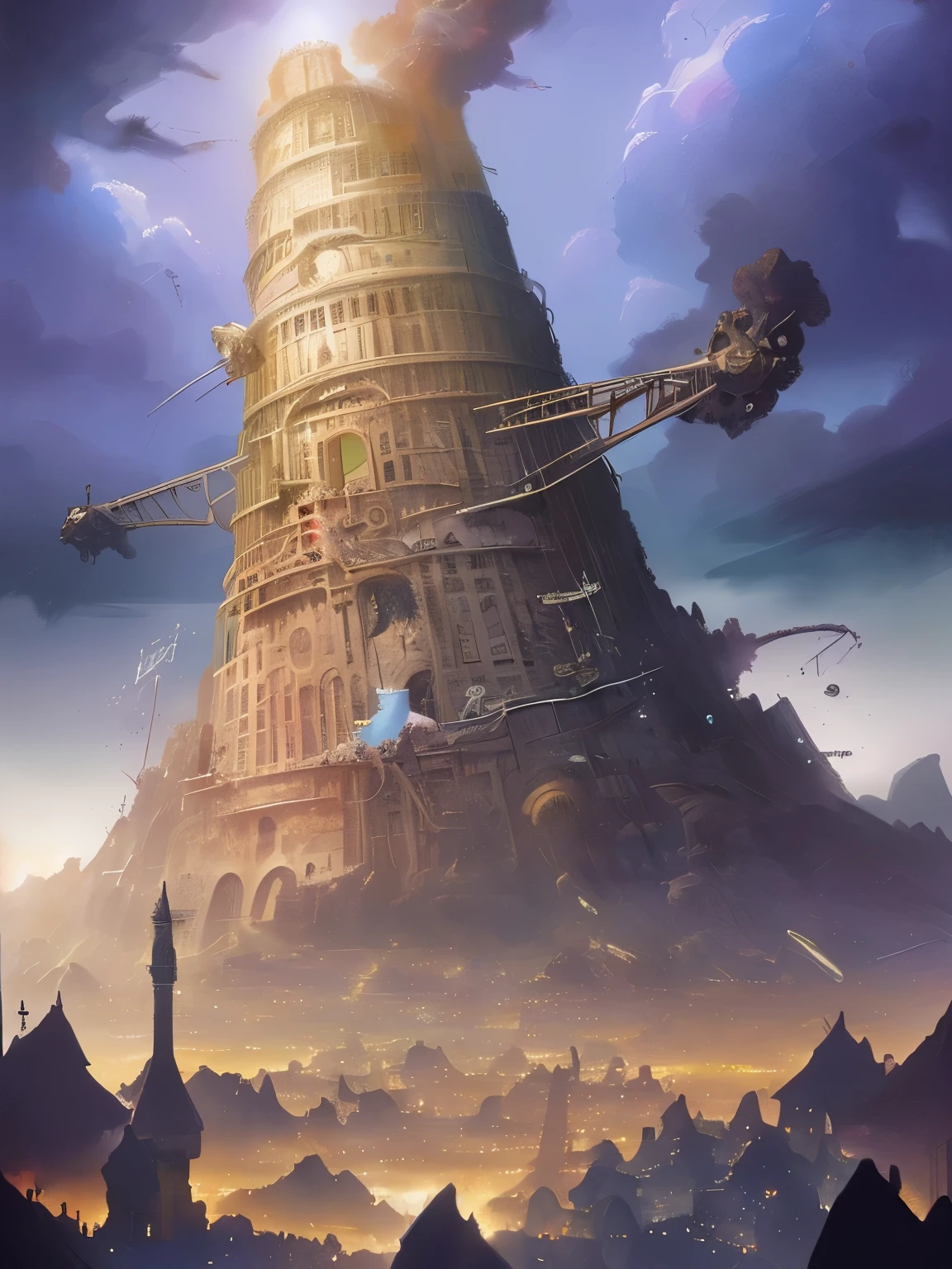 Yoshitaka Amano's painting style, Tower of Babel, detailed, Sharp focus, elegant, Very detailed, figure, complicated, beautiful, Trend Art Station, Pixiv, Digital Art, By Jordan Grimmer and Greg Rutkowski, Wow, Studio Ghibli, final fantasy