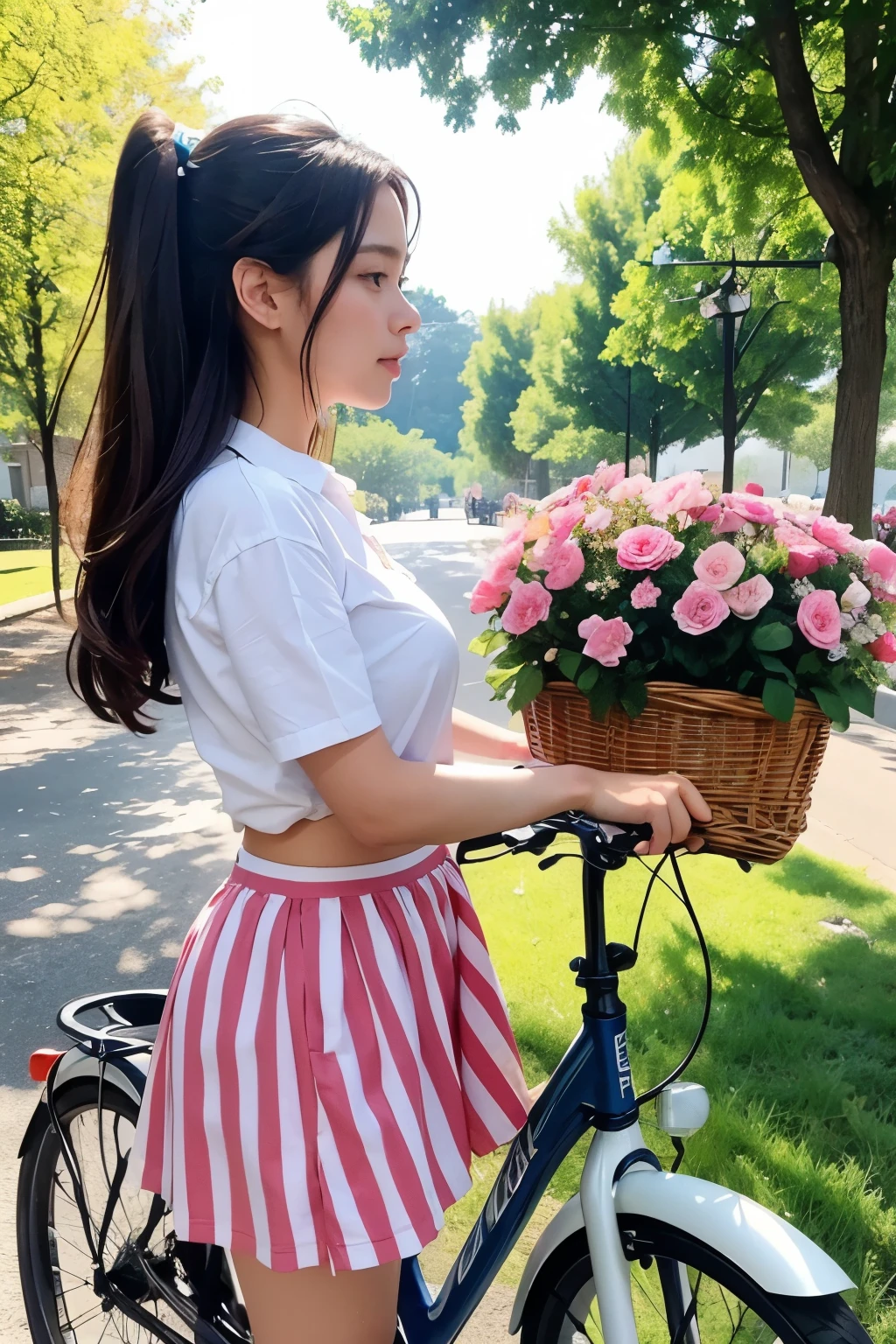 ((best quality)), ((masterpiece)), (detailed), perfect face, woman walking with a bicycle and flowers in a basket, ๐ฟ๐๐, biking!!, bicycle, resin drainage, ๐ช ๐จ;๐๐, ๐คฌ ๐คฎ ๐ ๐, Photo shoot, on a sunny day, profile image, ๐ฐ ๐ โ ๐, cottagecore!! fitness body, ๐ญ ๐คฎ ๐ ๐, Summer Afternoon, Brown shirt, Striped H Skirt,