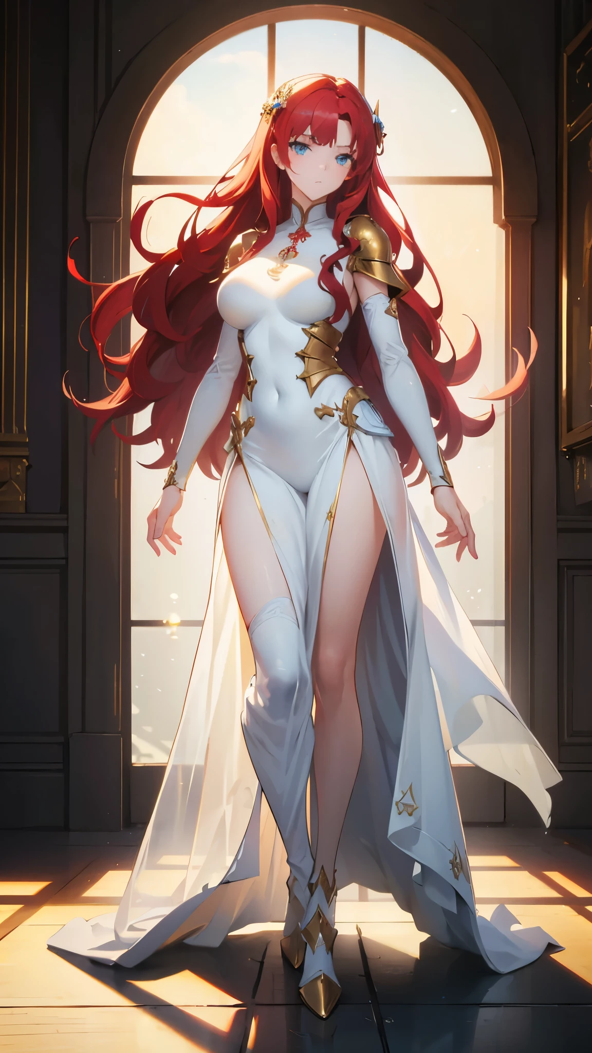 Beautiful RED-haired girl wearing an elaborate Egyptian queen costume, long bangs with eyes visible behind the bangs, sexy white Egyptian dress with colored striped fabric edges, beautiful slender thighs, full body view, long blonde hair, blue eyes, in the style of an Egyptian , white background, photorealistic, 8k, high quality, detailed, bright colors, dramatic lighting, wearing high gold shoes, cute face clearly visible, slim body, standing upright pose, both hands free pose, smiling, Egyptian queen dress Perfect match long soft white shawl and gold bracelet, long red hair perfectly straight, plain Egyptian queen dress without any accessories, wearing a gold crown like pointed gold cat ears.