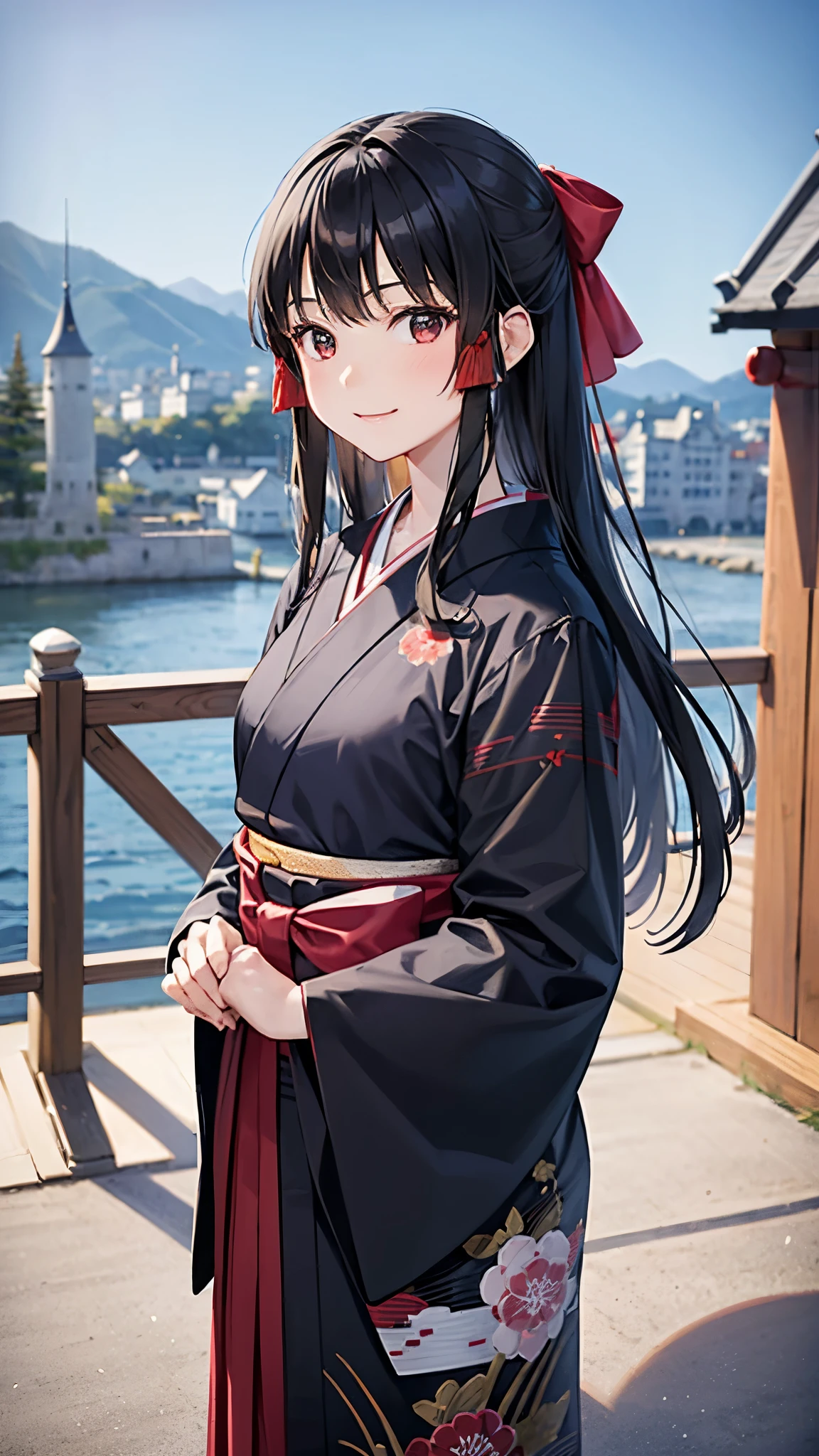 1 Japanese girl, Straight long black hair、Red Japanese style ribbon,Taisho era girls,、 Kimono with an arrow feather pattern、Navy blue hakama、Smiling、Castle town background、I can see the castle、