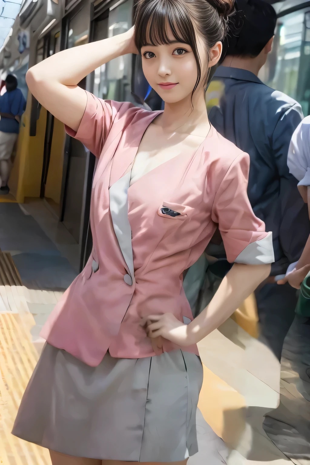 (masterpiece:1.2, highest quality:1.2), 32K HDR, High resolution, (alone、1 girl)、(On the rooftop of a building in the daytime、Professional Lighting)、Building rooftop background、(Nankai train crew uniform pinkを着たリアルスタイル)、(Nankai train crew uniform pink short sleeve pink jacket、Nankai Train Crew Uniform Pink Collarless Short Sleeve Blouse、Nankai Train crew uniform pinkのグレー色のキュロットスカート)、Dark brown hair、(Hair tied up、Hair Bun、Hair Bun)、Dark brown hair、Long Shot、Big Breasts、Thin legs、((Great hands:2.0)),((Harmonious body proportions:1.5)),((Normal limbs:2.0)),((Normal finger:2.0)),((Delicate eyes:2.0)),((Normal eyes:2.0)))、smile、(Nankai Train crew uniform pinkのグレー色のキュロットスカートを見せた美しい立ち姿)、Put your hands down、I have nothing in my hands