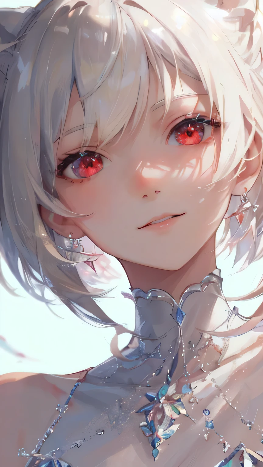 masterpiece, highest quality, figure, red eyes, Platinum Earrings, Platinum Necklace, White Dress, One girl, cute, (Dynamic Lighting:1.2), Cinema Lighting, Delicate facial features, Fine grain, Sharp pupils, Realistic students, Depth of written boundary, Bokeh, Sharp focus, (Ultra-detailed, bloom, shine:1.4), Lots of little gems, medium hair, two buns hair, bob cut, Cat ear, Platinum Blonde Hair,