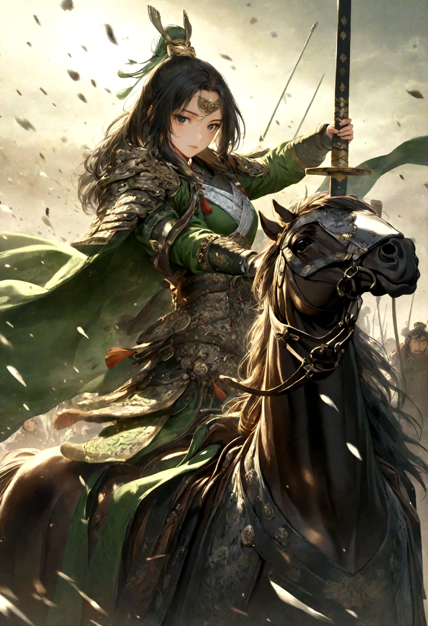 Liu Bei, Sword in both hands, Charge on horseback, Battlefield Beacon, Heroic and fearless, The armor is gorgeous, Magnificent, Exquisite details, Light and shadow rendering