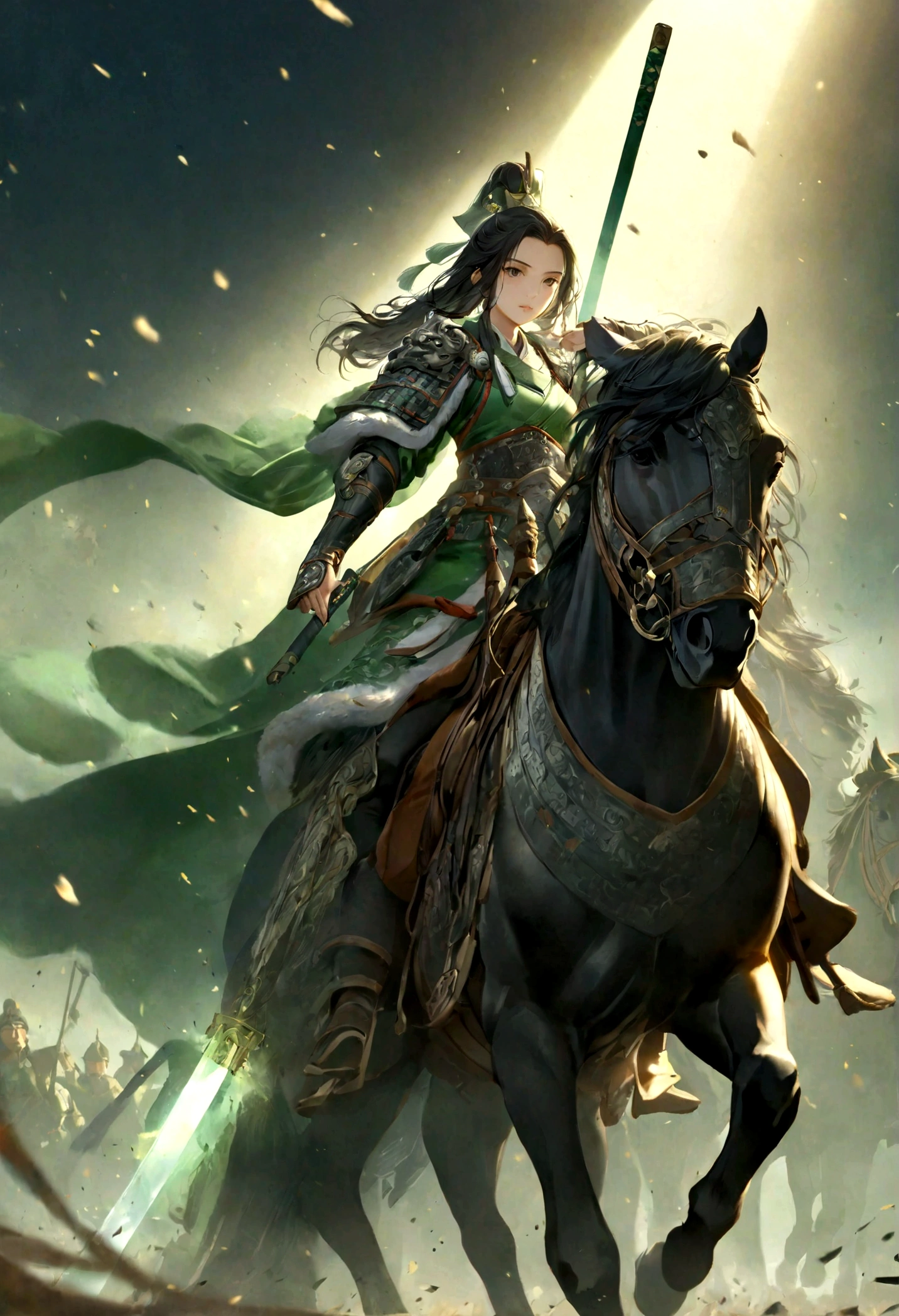 Liu Bei, Sword in both hands, Charge on horseback, Battlefield Beacon, Heroic and fearless, The armor is gorgeous, Magnificent, Exquisite details, Light and shadow rendering