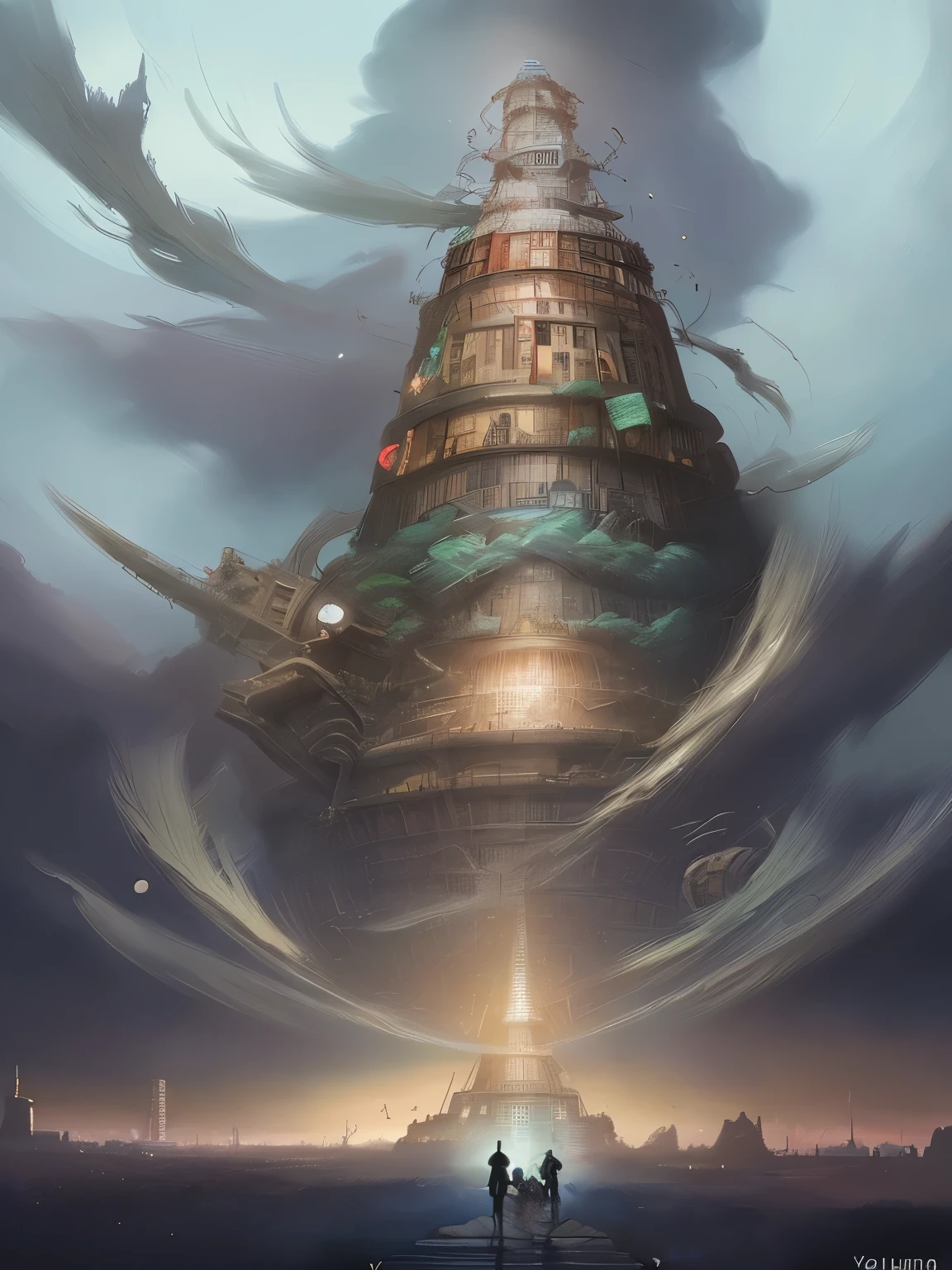 Yoshitaka Amano's painting style, Tower of Babel, detailed, Sharp focus, elegant, Very detailed, figure, complicated, beautiful, Trend Art Station, Pixiv, Digital Art, By Jordan Grimmer and Greg Rutkowski, Wow, Studio Ghibli, final fantasy