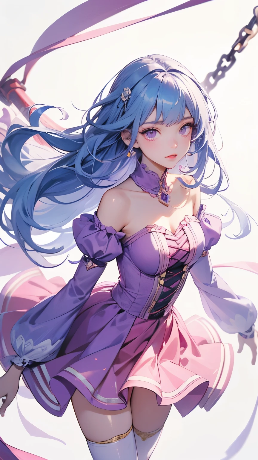 Top quality, super detailed, beautiful face, perfect anatomy, one girl, solo, fair skin, long hair, light blue hair, blunt bangs, pink eyes, pink dress, purple sleeves, purple thigh-high socks, white background, me hanging from a crane game