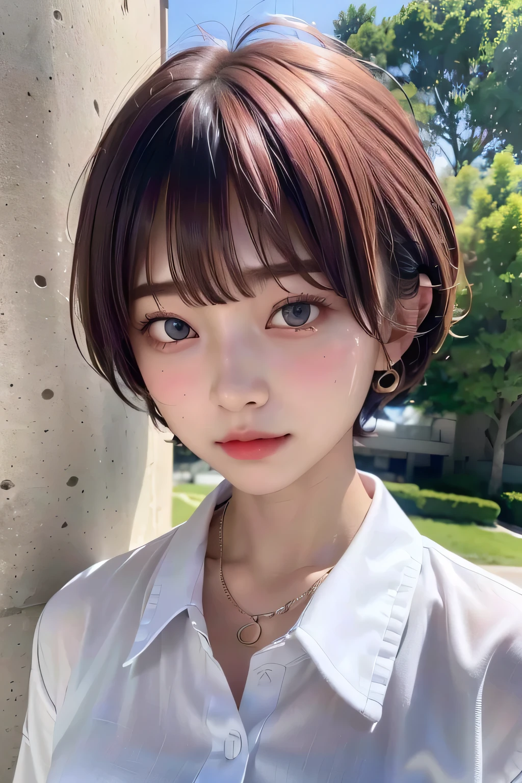 (highest quality:1.3)、(Masterpiece:1.4)、Raw photo、8K、((Best image quality))、 ((High resolution))、Beautiful face in every detail、Realistic human skin、Gentle expression、(Cute natural anime face)、(One Woman:1.3)、Realistic、Photorealistic、short hair、(Beautiful woman)、((Cool Japan girl))、(boyish:1.3)、mannish、((Beautiful woman))、(Beautiful Hair)、((Dark brown hair))、(Blushing:1.5)、(Fashion Model:1.3)、(Every woman admires her face:1.3)、((Her eyes are big))、20 year old beauty、(Small face)、Small Head、((Long neck))、(High school girls)、uniform、(Japanese high school uniform)、(High school girlsのuniform)、((White button-up shirt))、(A shirt with a wide open chest)、Collared shirt、(necklace)、(The aspirations of young people)、((The center of attention in school))、everyone will love her、(You can almost see your cleavage)、sexual excitement、Thick chain collar、(Changing clothes)