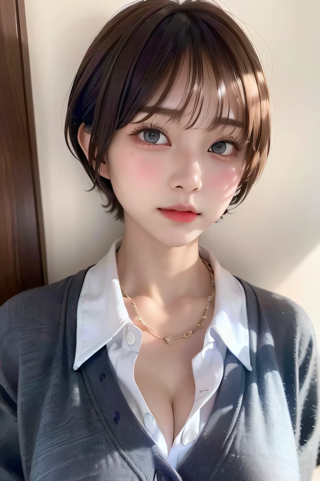 (highest quality:1.3)、(Masterpiece:1.4)、Raw photo、8K、((Best image quality))、 ((High resolution))、Beautiful face in every detail、Realistic human skin、Gentle expression、(Cute natural anime face)、(One Woman:1.3)、Realistic、Photorealistic、short hair、(Beautiful woman)、((Cool Japan girl))、(boyish:1.3)、mannish、((Beautiful woman))、(Beautiful Hair)、((Dark brown hair))、(Blushing:1.5)、(Fashion Model:1.3)、(Every woman admires her face:1.3)、((Her eyes are big))、20 year old beauty、(Small face)、Small Head、((Long neck))、(High school girls)、uniform、(Japanese high school uniform)、(High school girlsのuniform)、((White button-up shirt))、(A shirt with a wide open chest)、Collared shirt、(necklace)、(The aspirations of young people)、((The center of attention in school))、everyone will love her、(You can almost see your cleavage)、sexual excitement、Thick chain collar、(Changing clothes)
