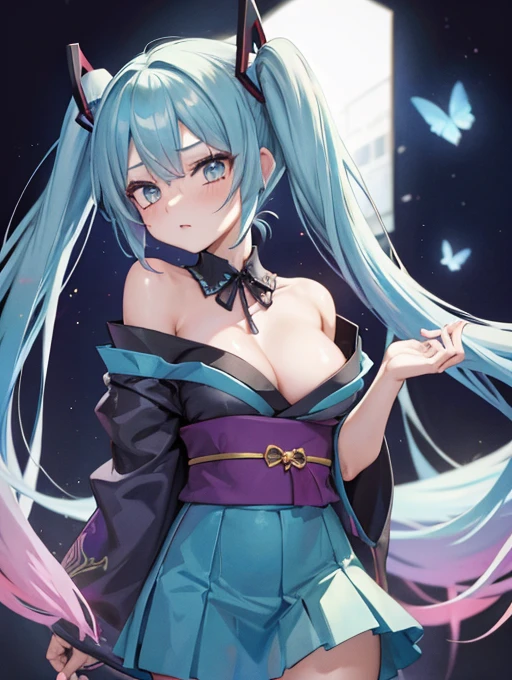 Miku Hatsune, alta definicion, kimono, alta definicion, alta definicion, flaming eyes, evil eyes, devil girl, sucubo, shes atack de camera, sensual pose.