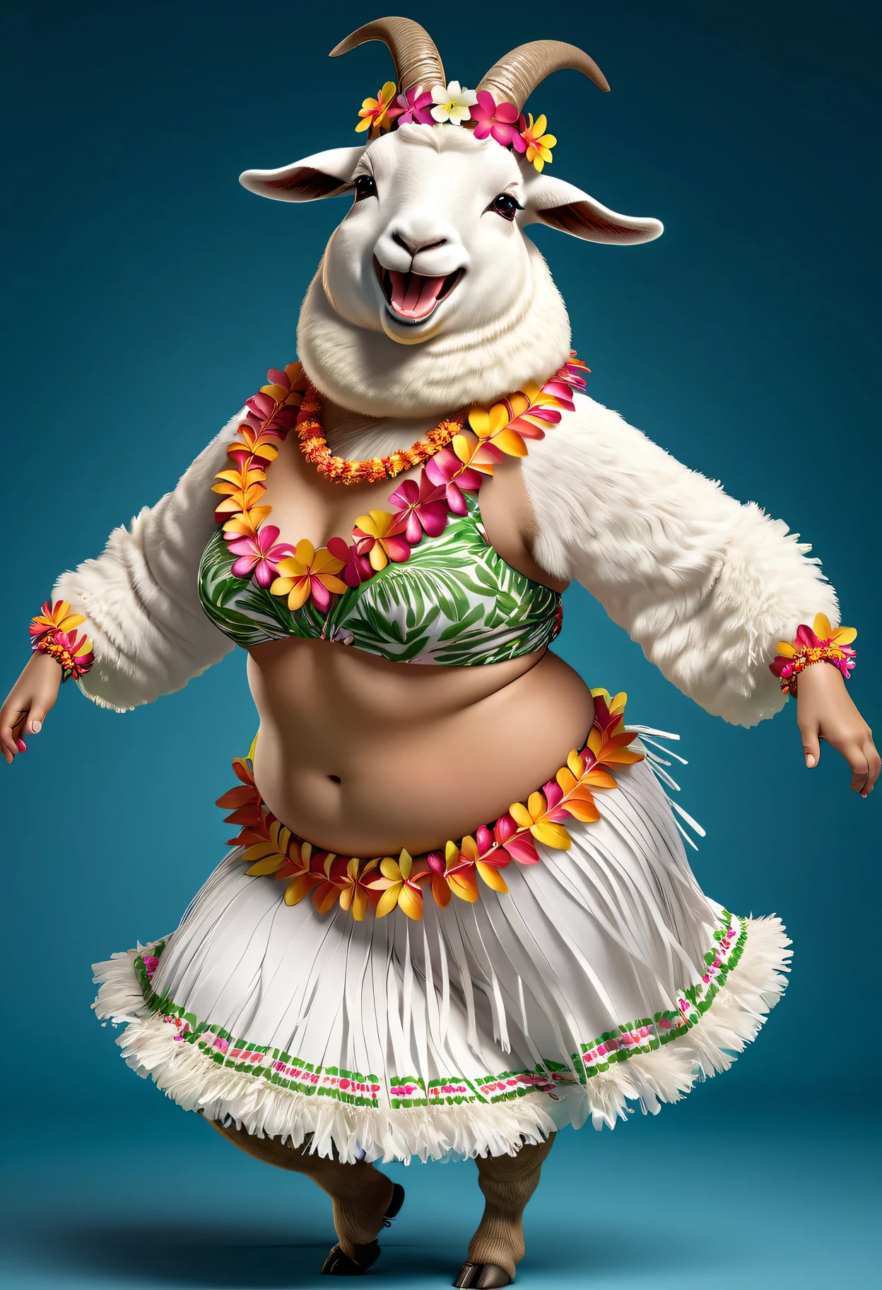 photorealistic portrait of Dressed animals - a ((fat)) goat hula dancer,(hula dancing:2.0), (swinging arms :2.0),(happy smile:1.2),high quality,(happy),(lovely) ,intricate details, (furry), highly detailed ((female hula dancer's costume)) ,highly detailed decorations, wearing ((bikini top)) and flower lei , (happy), studio lighting,(full body image:1.5),simple background,(viewed from side:2.0),