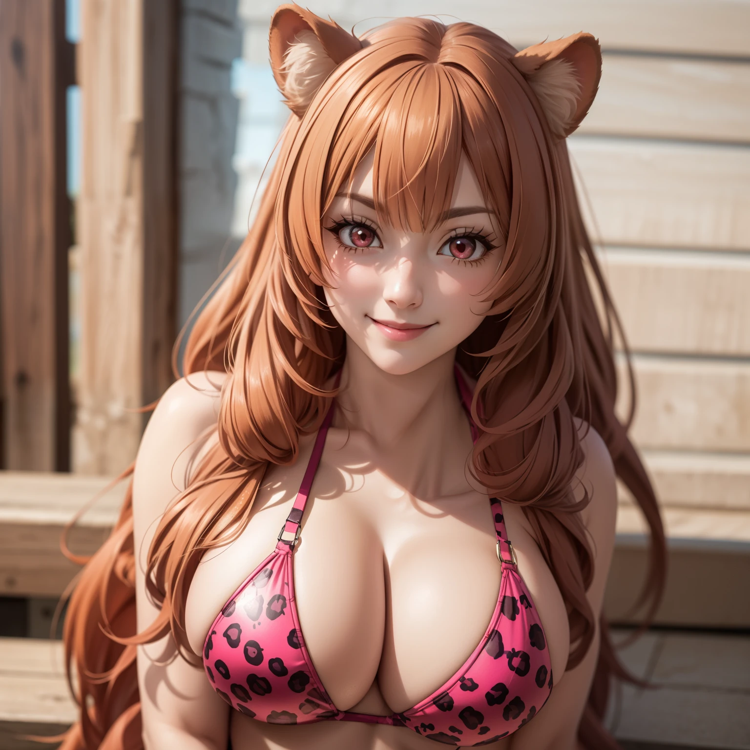 Raphtalia woman 35 years old straight orange hair , orejas de oso redondeadas, ruby red eyes., shy smile, pale skin, pink bikini jaguar design, breasts in f the camera in close-up. orejas de oso , cabello liso,