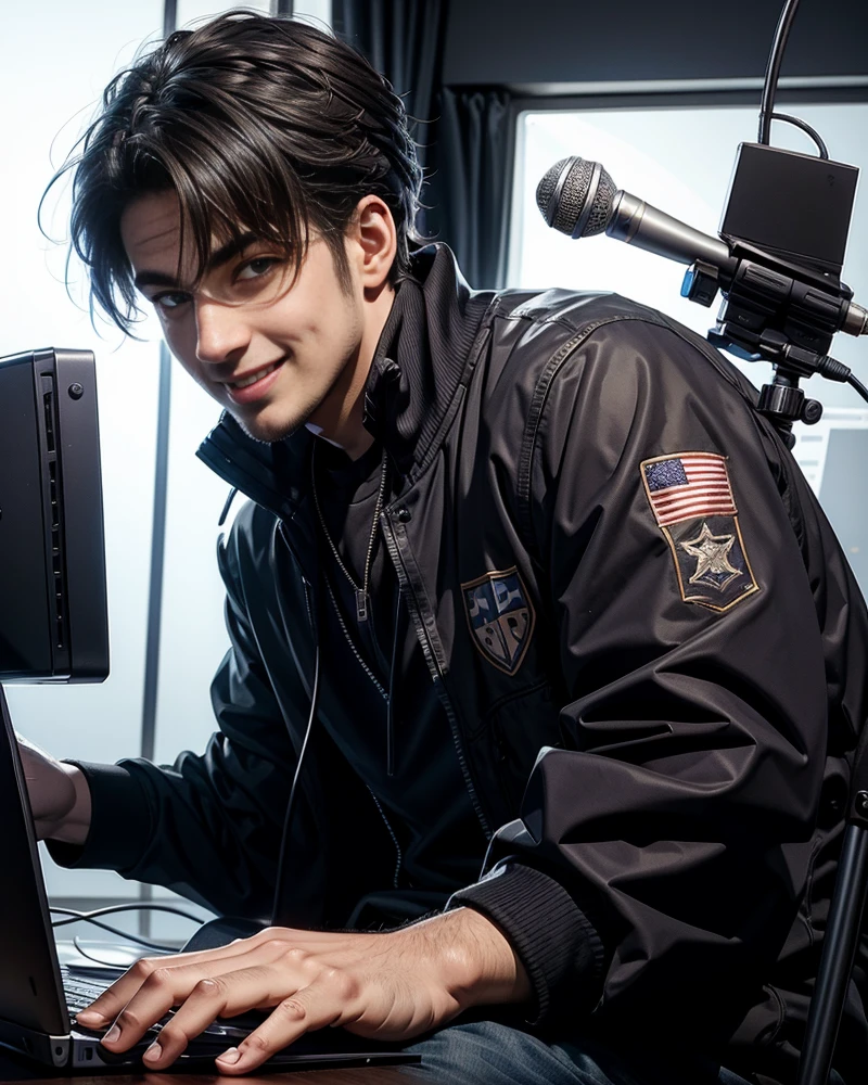A handsome boy sitting at a desk with a laptop and microphone, sitting in front of a microphone, Twitch streamer, Twitch streamer/gamer Ludwig, giving an interview, accurate portrait, taking control while smiling, H3H3, with a happy expression, accurate representation, in front of a computer, trending art, Shutterstock, studio shot, very expressive, realistic anime, drawn,