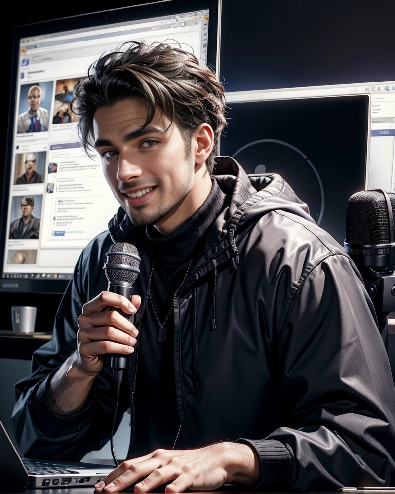 A handsome boy sitting at a desk with a laptop and microphone, sitting in front of a microphone, Twitch streamer, Twitch streamer/gamer Ludwig, giving an interview, accurate portrait, taking control while smiling, H3H3, with a happy expression, accurate representation, in front of a computer, trending art, Shutterstock, studio shot, very expressive, realistic anime, drawn,