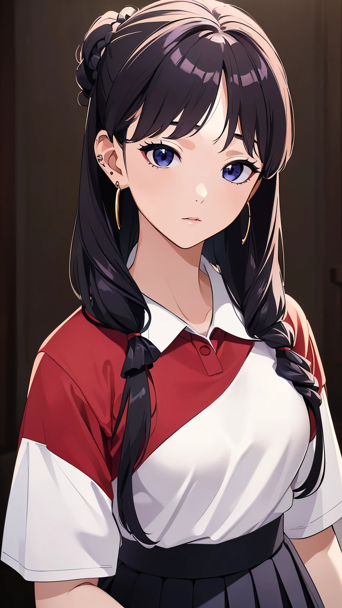 ((8K resolution))、((highest quality))、((masterpiece))、((Very detailed))((((dramatic))), (Anatomically correct)、((theme、whole body:1.1)), The depth of the object to write、Looking at the camera、front、one person、Gal、JK、Polo shirt、Pleated skirt、Scrunchie、Earrings、(Hairstyle:Gradient Hair)