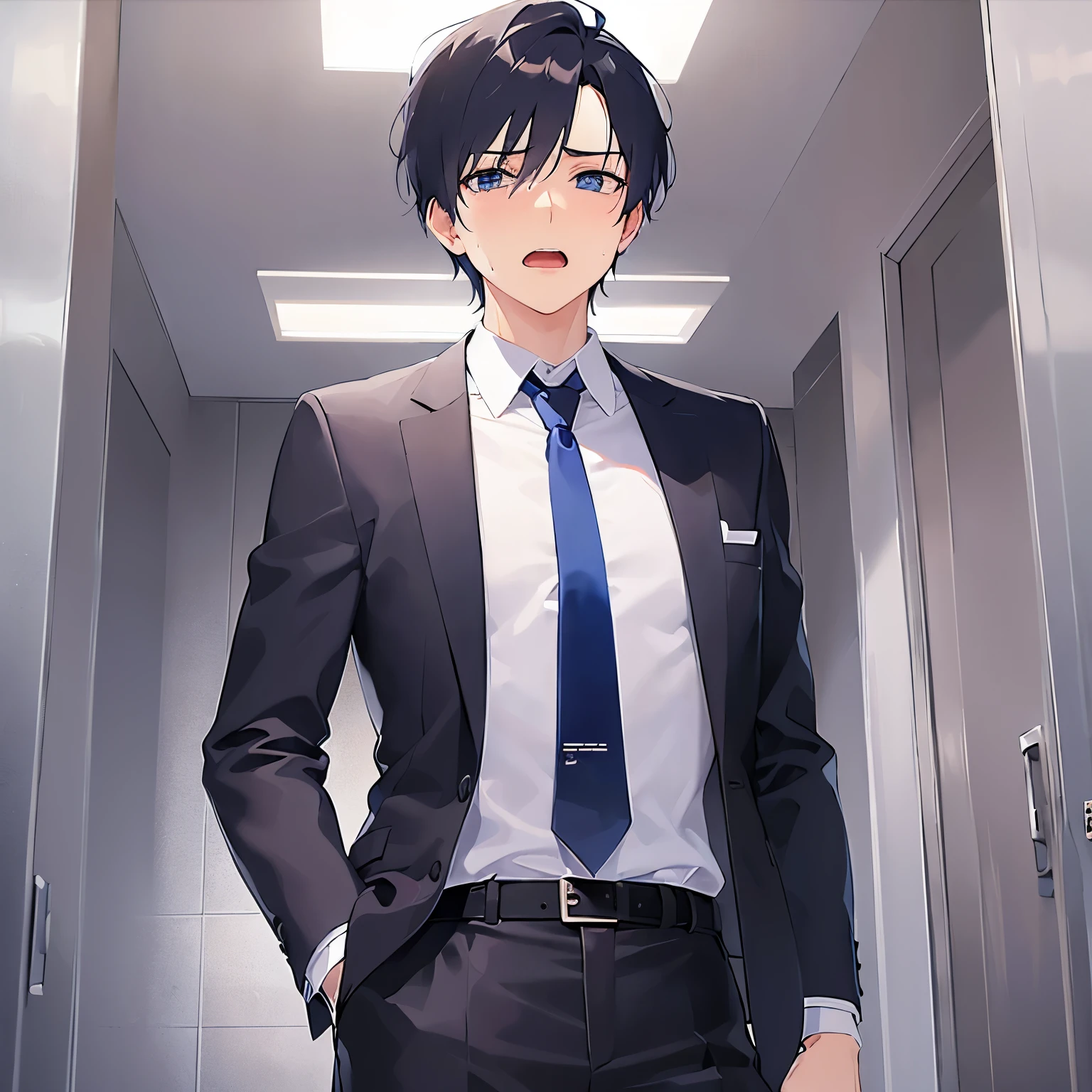 Detailed CG, Ultra-fine illustrations, masterpiece,highest quality,(28-year-old male) and (Black short hair) and (blue eyes) , BREAK(Wearing a suit:1.5) and (White collared shirt) and (Blue tie)BREAK,standing,(sweat:1.3)and(panicking)and(open mouth),The background is the Inside the elevator, alone,Shooting from below
