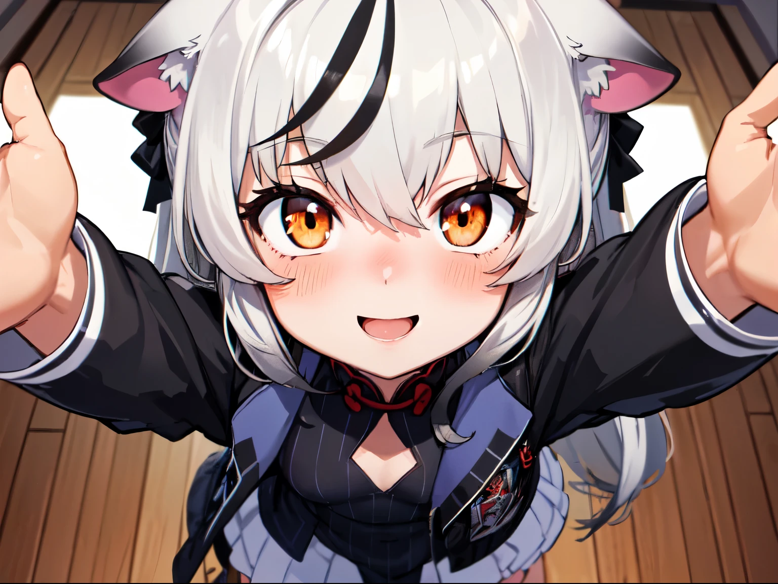 masutepiece, top-quality, ultra-details, Solo Focus,
(1KOKONA, open arms for viewer),
pigeon toed,
, White hair, Orange Eye, Smile:0.8, blush:1.3,
Black clothes, Black jacket, White skirt,
(From-front-above, Close-up Face:1.4),