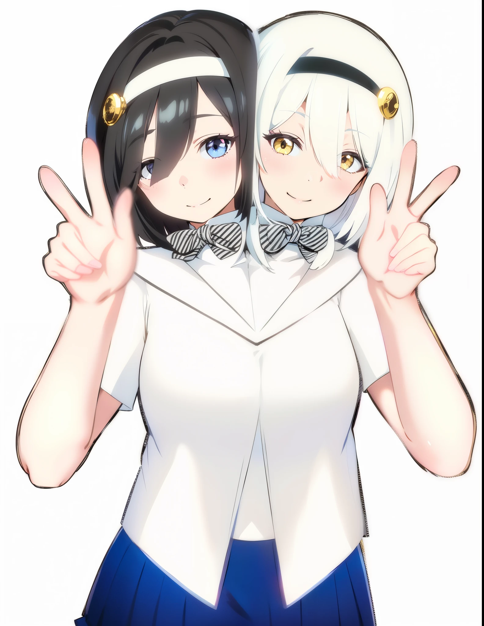 (masterpiece),best quality:1.5, ultra-detailed, high resolution, high quality, 16K, ((2heads:1.5)), ((black hair)), ((white hair)), (different hair colors), (1girl), conjoined twins, ((white seifuku uniform:1.5)), bow ties, outer jacket, (mini skirt with pleats), classroom, (gold eyes), (silver eyes), (different eye colors), short hair, student blouse, headband, gentle smile, v sign