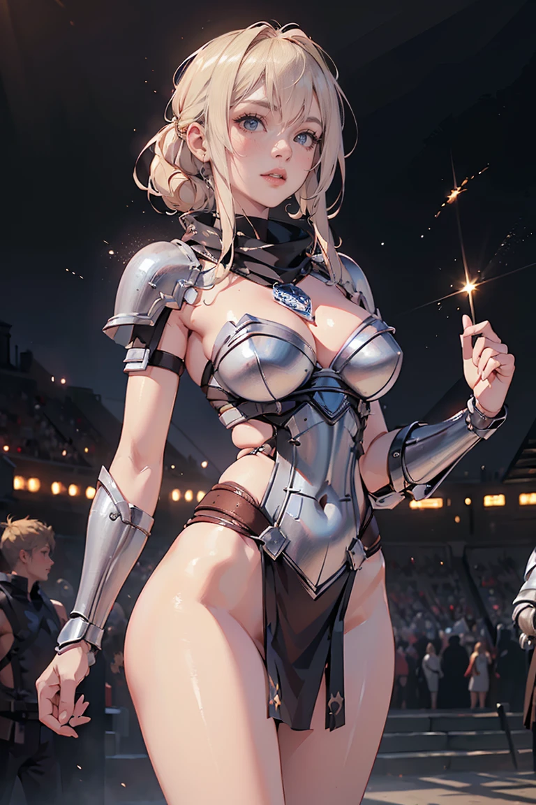 ((masterpiece, highest quality, Highest image quality, High resolution, photorealistic, Raw photo, 8K)), ((Extremely detailed CG unified 8k wallpaper)), (huge stunning goddess shot, very hot and sexy, jaw-dropping beauty, perfect proportions, beautiful body, slim body beauty:1.4), (Ancient Athenian female gladiator), (beautiful warrior, holding short sword and small shield, Wearing a red scarf, leather armor), (blonde hair, blue eyes, dark skin), (amphitheatre, Fighting while being watched by the crowd, motion blur), 