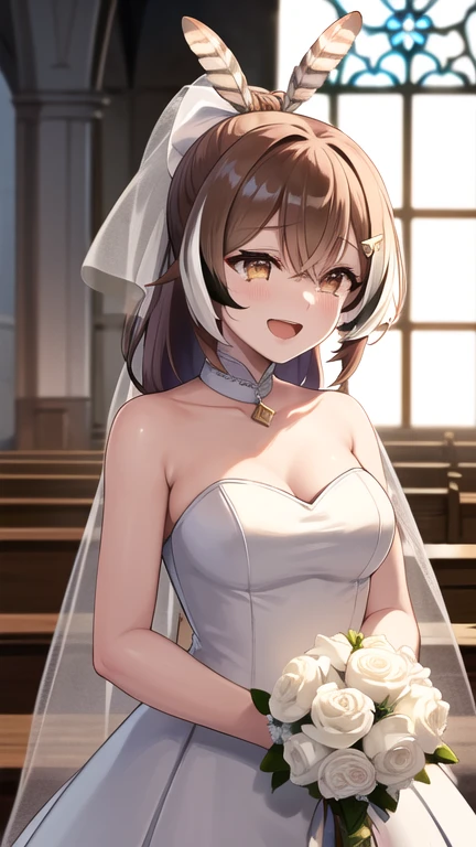 masterpiece, best quality, highres, Nanashi Mumei, very long hair, ponytail, ahoge, multicolored hair, feather hair ornament, hairclip, wedding dress, bridal veil, holding bouquet, church, smile, open mouth, tears,