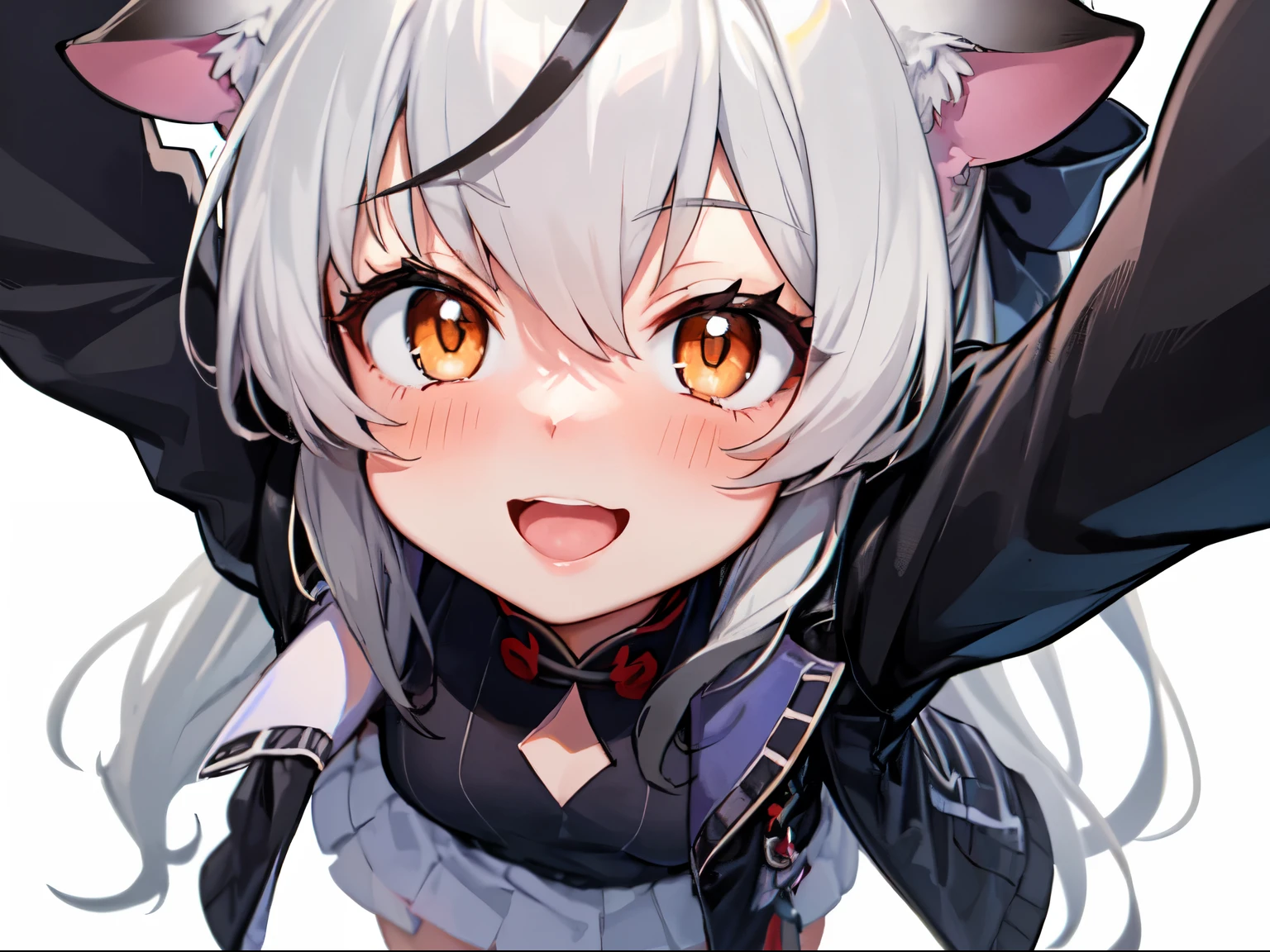masutepiece, top-quality, ultra-details, Solo Focus,
(1KOKONA, open arms for viewer),
pigeon toed,
, White hair, Orange Eye, Smile:0.8, blush:1.3,
Black clothes, Black jacket, White skirt,
(From-front-above, Close-up Face:1.4),