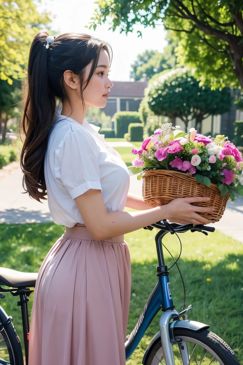 ((best quality)), ((masterpiece)), (detailed), perfect face, woman walking with a bicycle and flowers in a basket, 🚿🗝📝, biking!!, bicycle, resin drainage, 🪔 🎨;🌞🌄, 🤬 🤮 💕 🎀, Photo shoot, on a sunny day, profile image, 👰 🏇 ❌ 🍃, cottagecore!! fitness body, 😭 🤮 💕 🎀, Summer Afternoon, Brown shirt, Pattern H long skirt,