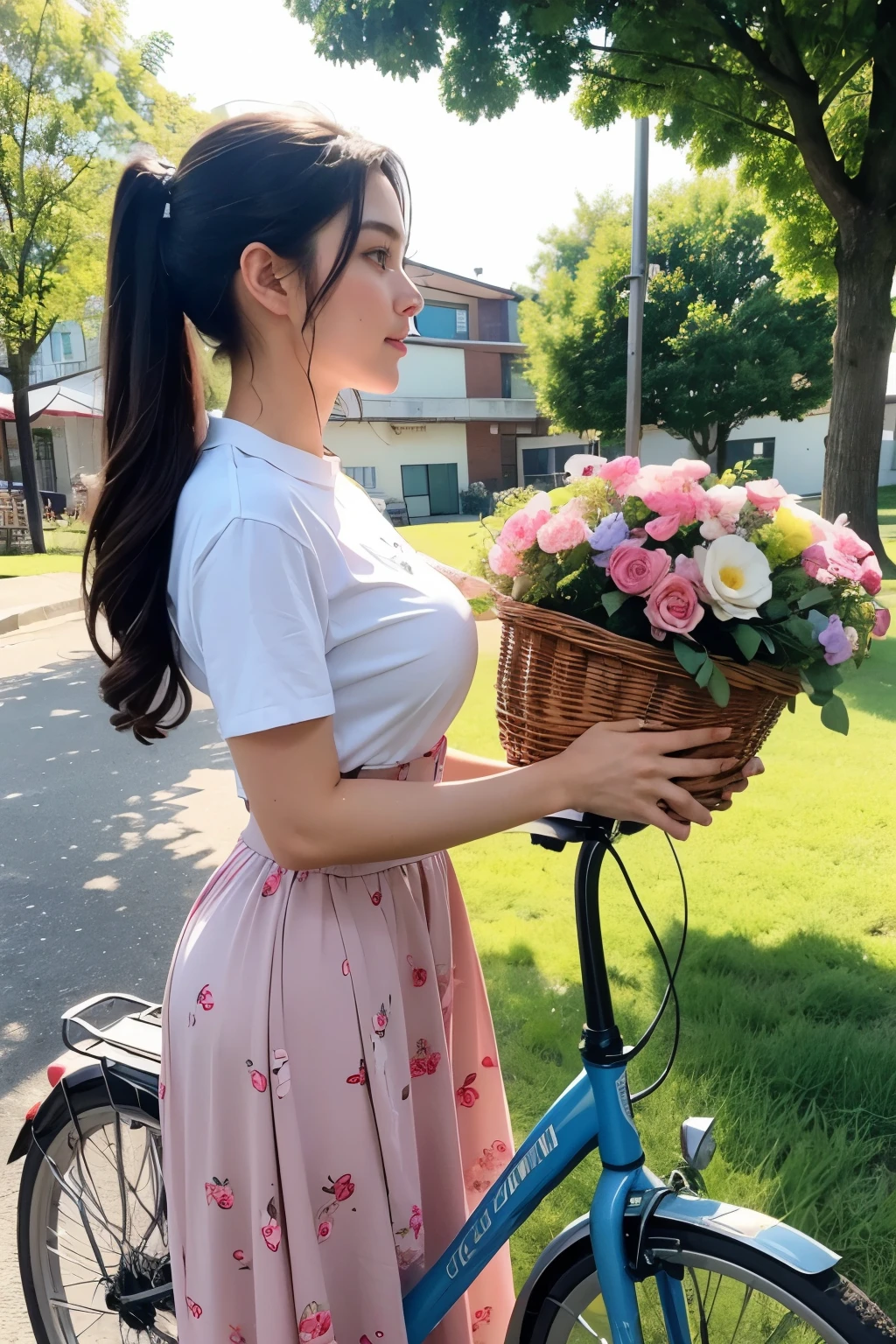 ((best quality)), ((masterpiece)), (detailed), perfect face, woman walking with a bicycle and flowers in a basket, 🚿🗝📝, biking!!, bicycle, resin drainage, 🪔 🎨;🌞🌄, 🤬 🤮 💕 🎀, Photo shoot, on a sunny day, profile image, 👰 🏇 ❌ 🍃, cottagecore!! fitness body, 😭 🤮 💕 🎀, Summer Afternoon, Brown shirt, Pattern H long skirt,