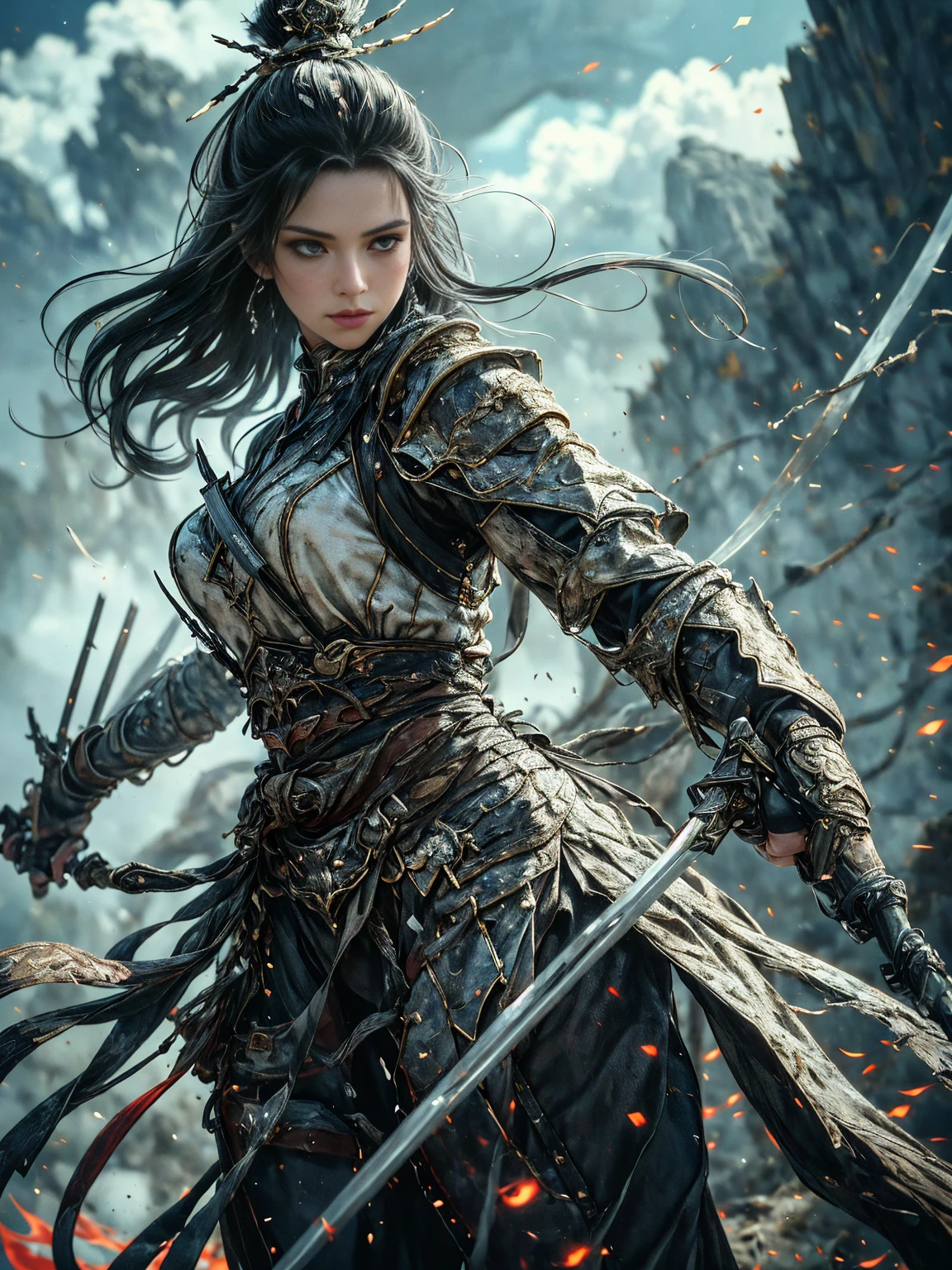 a majestic, imposing, magical female warrior, war pose, action, detailed face, beautiful eyes, intricate armor, glowing magical energy, cinematic lighting, dramatic colors, fantasy landscape, epic scale, (best quality, 8k, hyper-detailed, photorealistic:1.4), masterpiece, by a concept artist, 