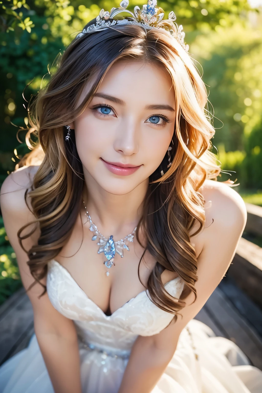 full body、Bright garden、Wedding dress、weddress、blue eyes、blonde、Happy Face、jeweled tiara、short hair、necklace、 (((masterpiece)))、((highest quality))、((超Realistic))、perspective、Very detailed、The perfect temptation、Best image quality、Fine-grained image quality、beautiful、European, woman, French, woman Italian, Italian, jewelry, blue eyes, Realistic, High resolution, Glowing Skin, (Detailed face),tattoo, jewelry, Wavy Hair,attractive appearance, smile, Perfect Style,Ｄcup 、 Perfect balance, 