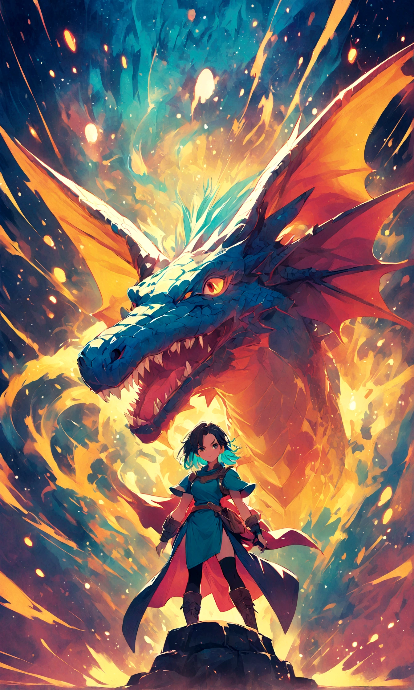 Woman 1,Woman warrior,Dragon Quest 3,POP Illustration,background with dragon