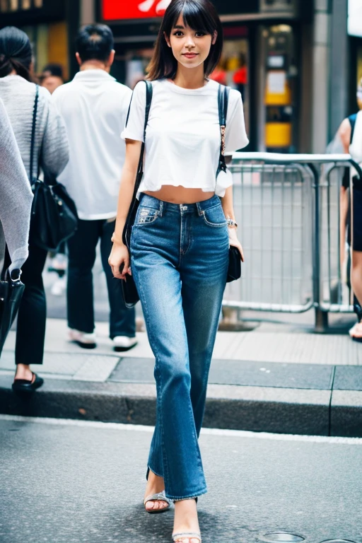 Chica japonesa de talla media y busto mediano con ropa casual de verano paseando por las calles de Shibuya