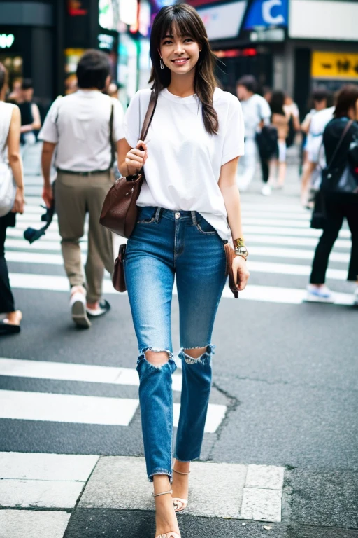 Chica japonesa de talla media y busto mediano con ropa casual de verano paseando por las calles de Shibuya