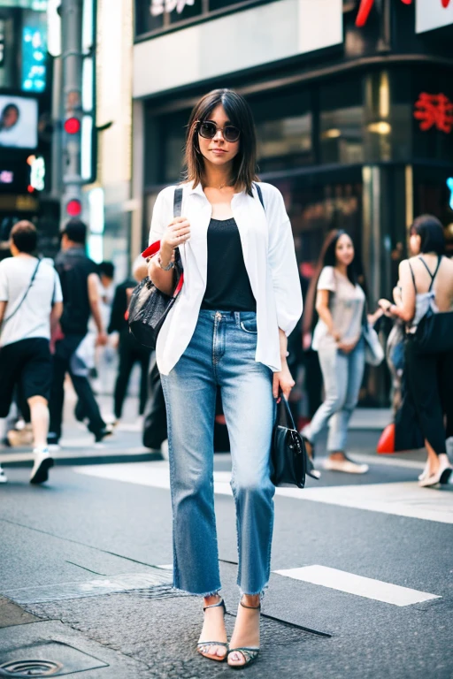 Chica japonesa de talla media y busto mediano con ropa casual de verano paseando por las calles de Shibuya 