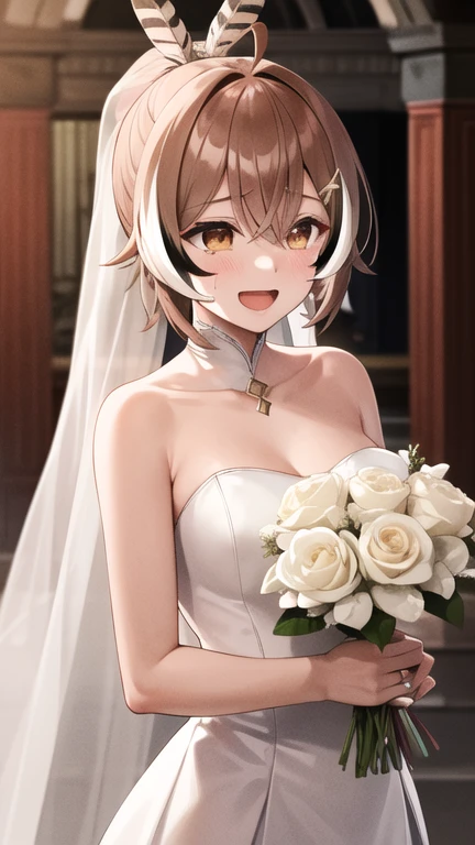 masterpiece, best quality, highres, Nanashi Mumei, very long hair, ponytail, ahoge, multicolored hair, feather hair ornament, hairclip, wedding dress, bridal veil, holding bouquet, church, smile, open mouth, tears,