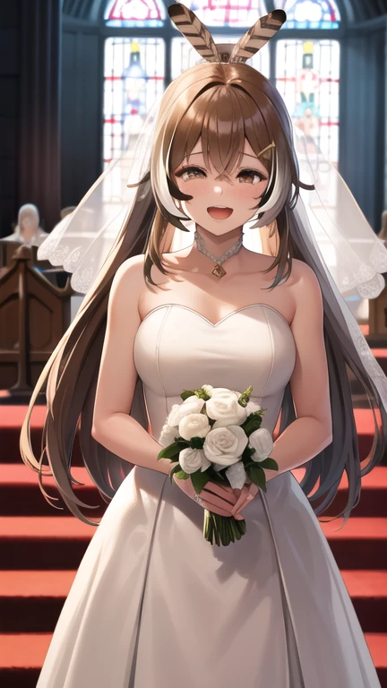 masterpiece, best quality, highres, Nanashi Mumei, very long hair, ponytail, ahoge, multicolored hair, feather hair ornament, hairclip, wedding dress, bridal veil, holding bouquet, church, smile, open mouth, tears,