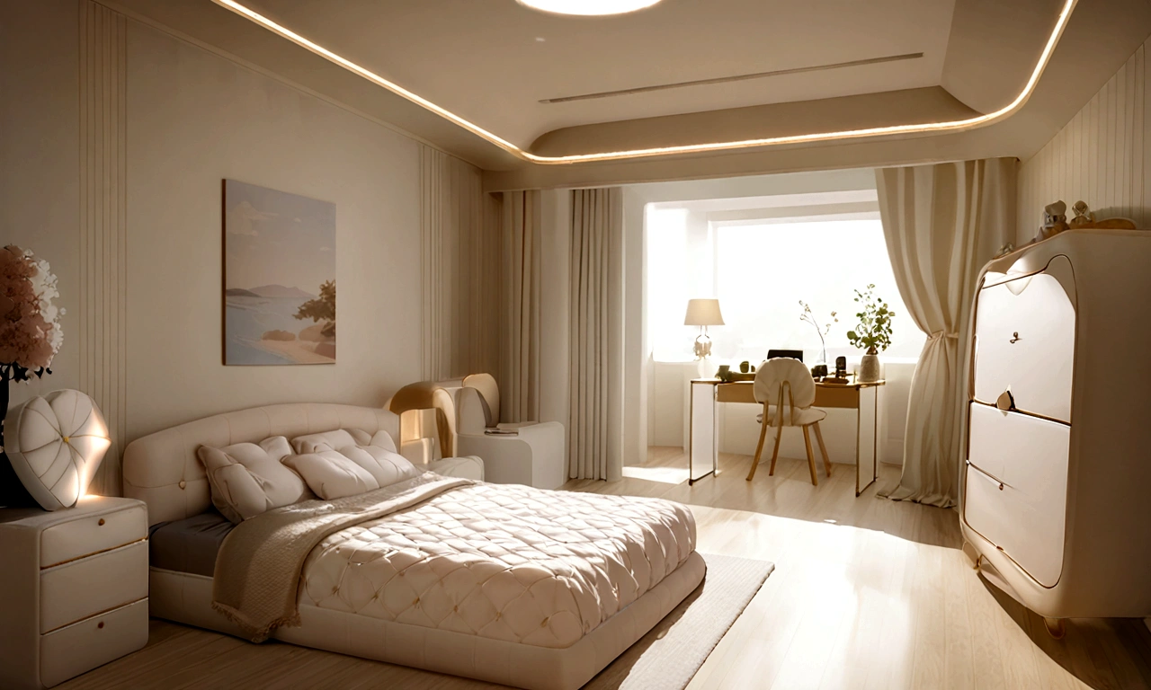 Creamy room，There is a bed，There is a quilt and pillow on it，carpet, Peaceful bedroom environment, Sunlight，White wall，interior design photography,Clean environment，Bedroom Interior, award winning interior design, furniture photography,  Beige atmosphere, Rich lighting, Interior photography