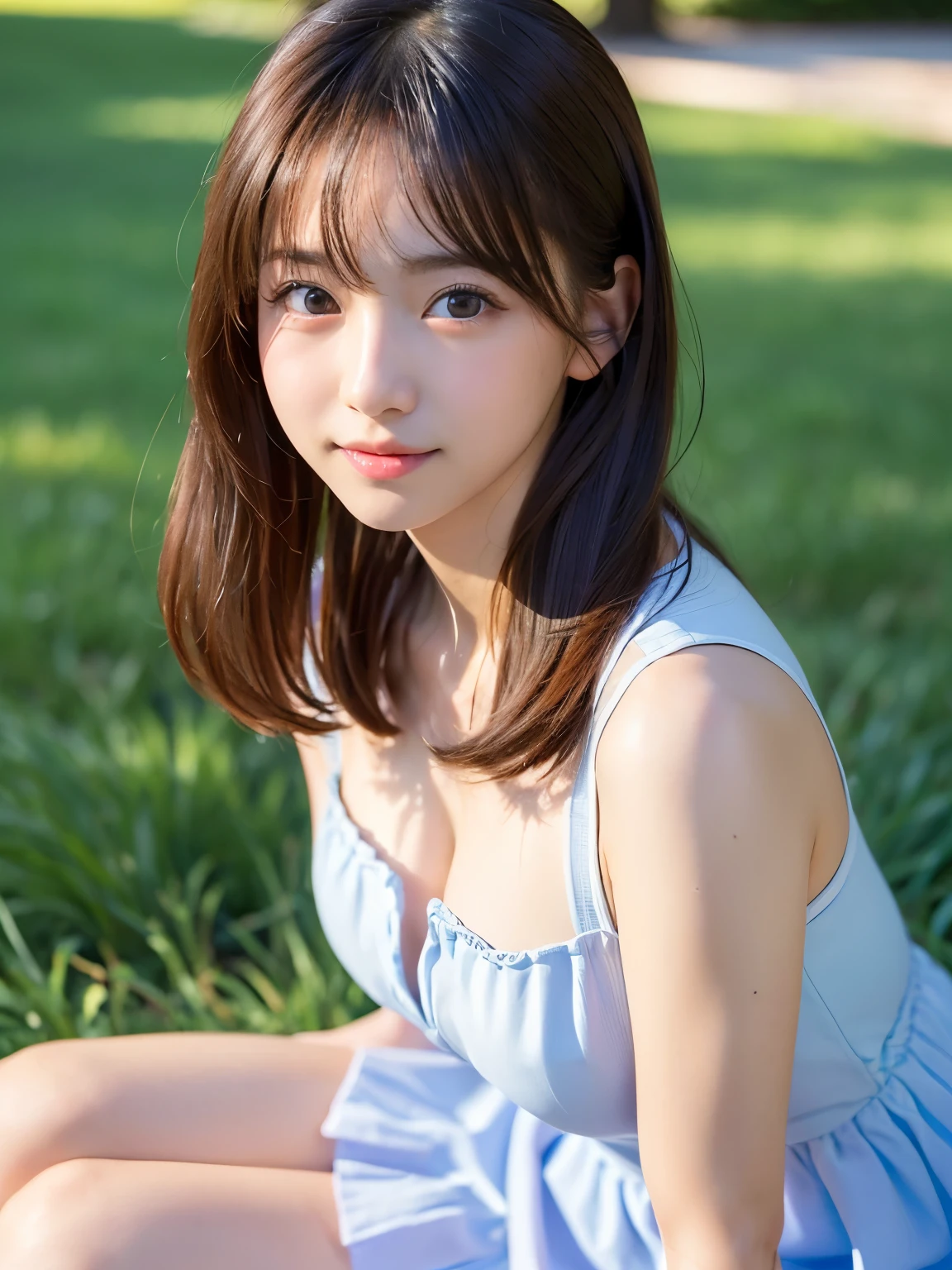(Best-quality, Masterpiece, Ultra-High-Resolution, (Photorealistic:1.9), Raw Photo, depth of field, professional lighting, perfect anatomy, extremely details), 1girl, 15-years-old, the most famous Japanese idol, Sunny day, at noon, In summer park, (sitting on grass), ((wearing casual-dress with cute-design)), (extremely beautiful cute like the most popular Japanese idol, (extremely cute and extremely big eyes), extremely beautiful realistic-skins), extremely beautiful hair, extremely cute long-eyelashes, extremely cute lips, looking at viewer, innocent smile