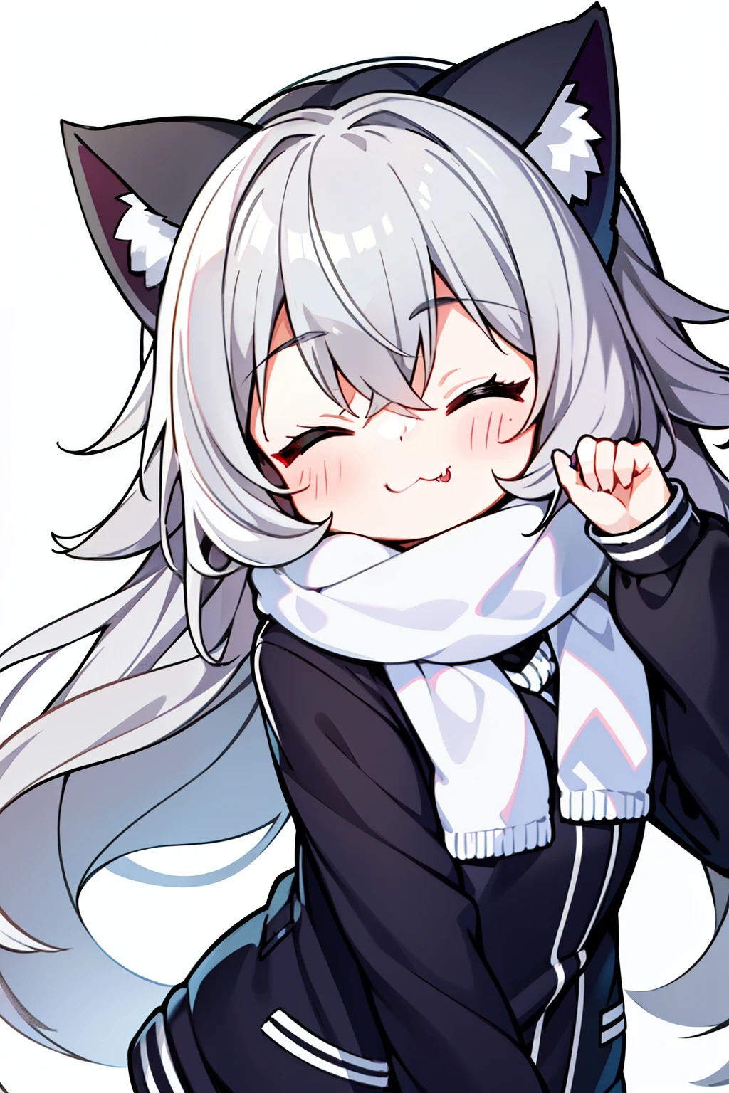 Masterpiece, Excellent, 1girl, gray hair, medium long hair, cat ears, closed eyes, looking at the audience, :3, cute, scarf, jacket, white background, fang, high quality, UHD