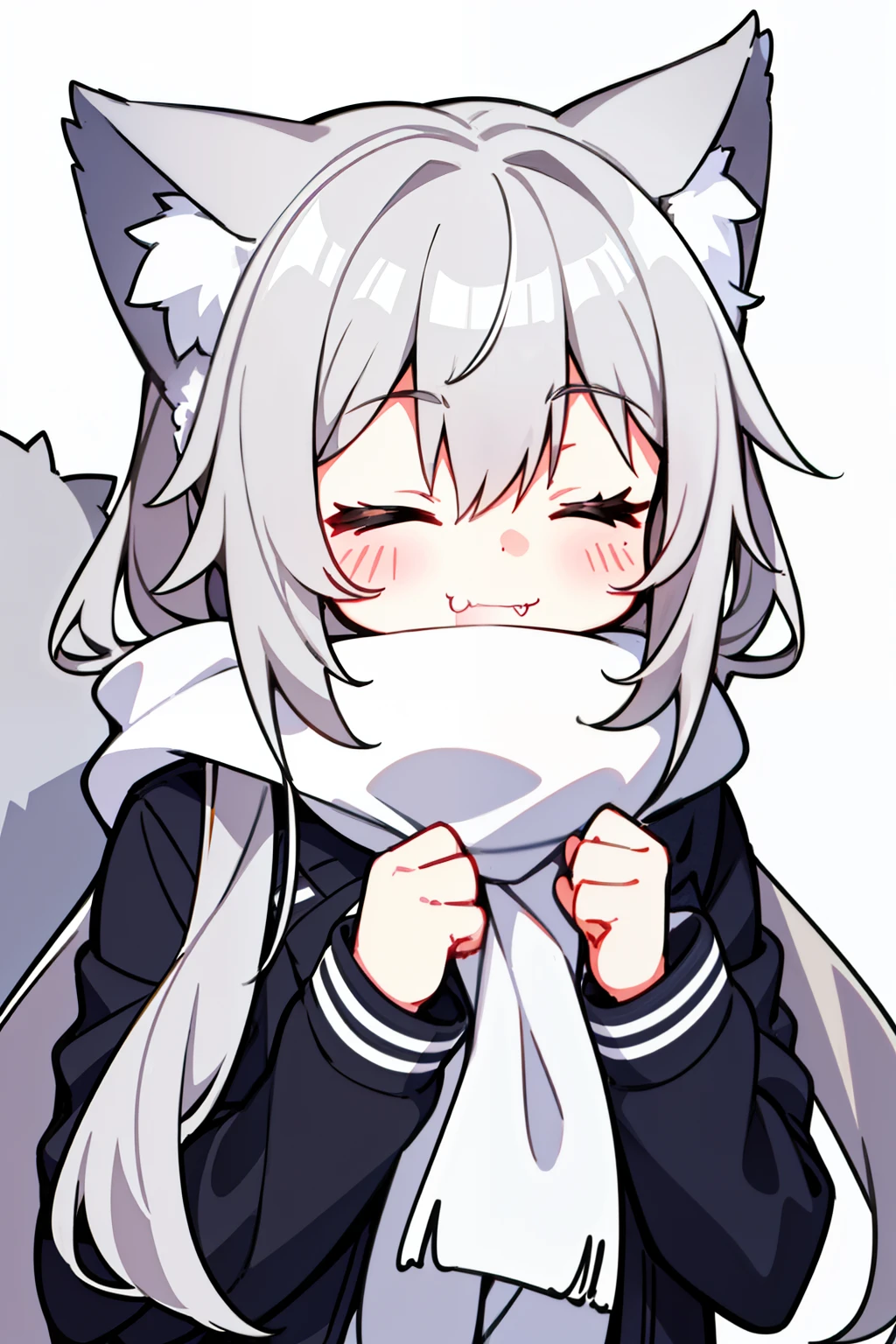 Masterpiece, Excellent, 1girl, gray hair, medium long hair, cat ears, closed eyes, looking at the audience, :3, cute, scarf, jacket, white background, fang, high quality, UHD